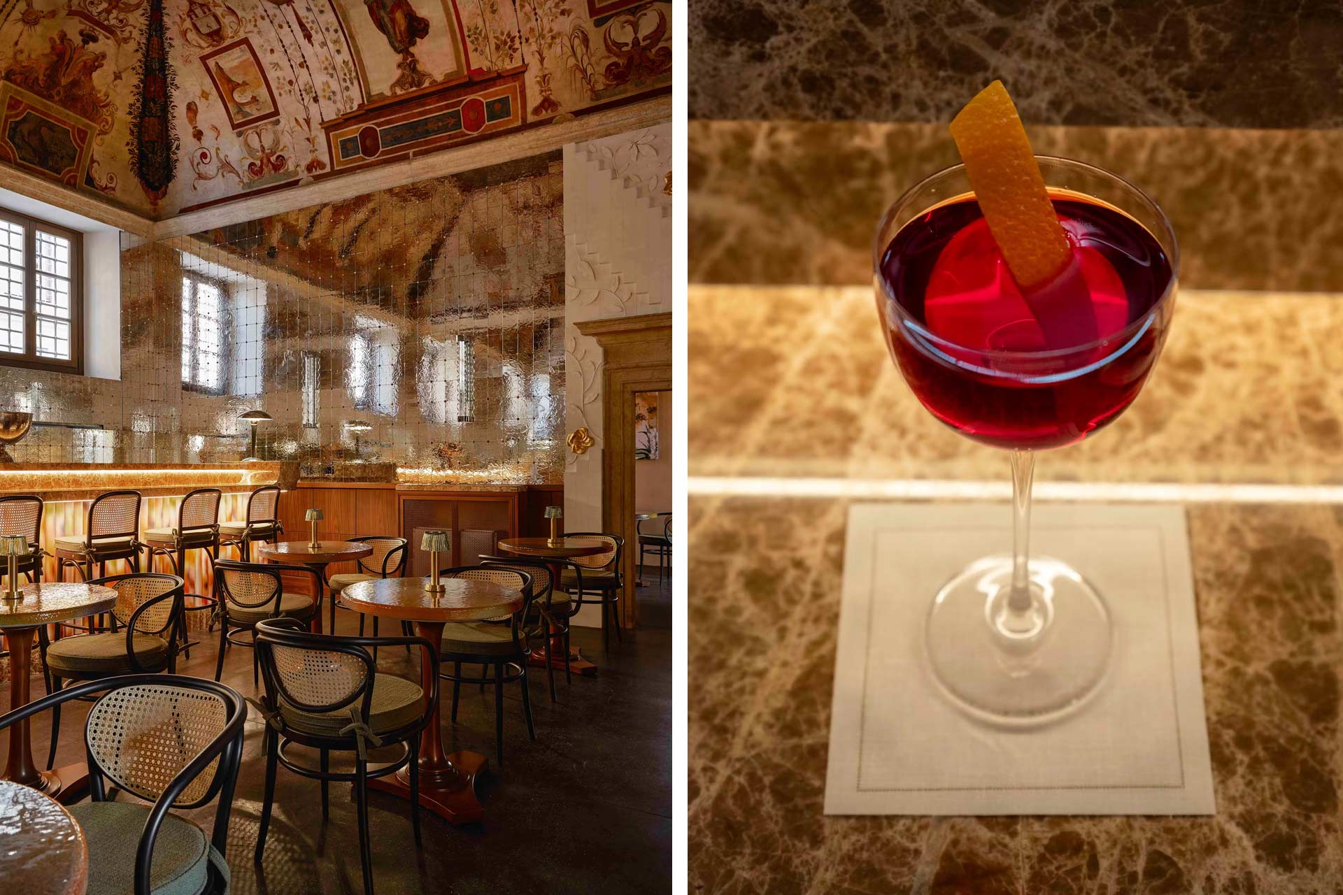 At Bar della Musa, a space with cinematic interiors designed by director Luca Guadagnino. © Palazzo Talìa