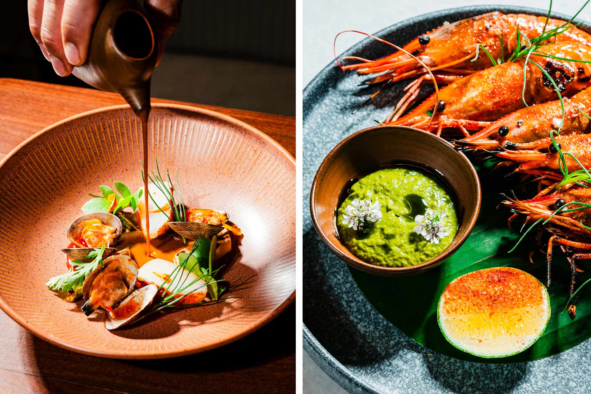 Mangalorean Curry with Hokkaido Scallops and Manila Clams and Grilled Prawns with Green Garlic Chutney. © Hawkeye Johnson