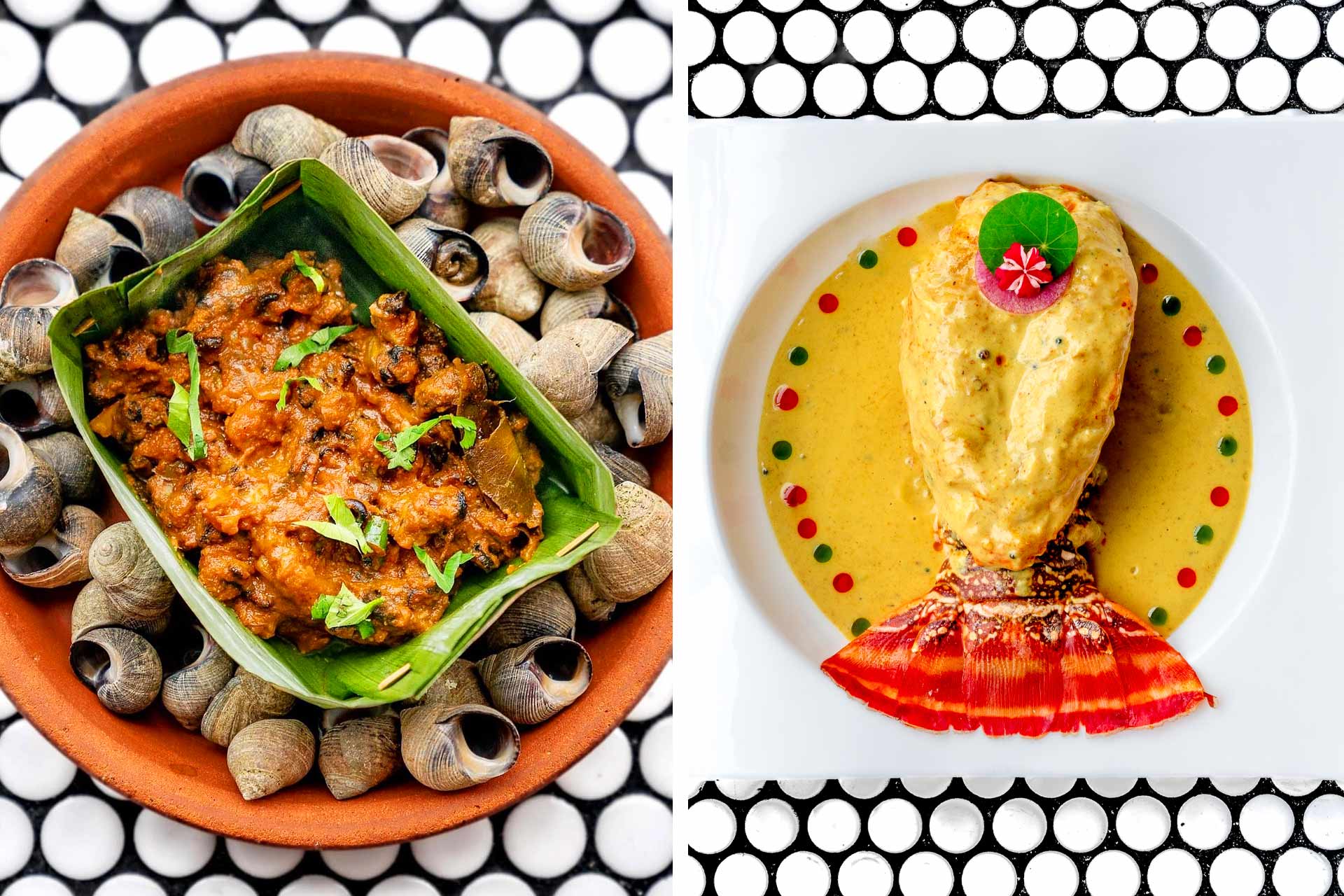 Nathai Pirattal snails and Valiya Chemmeen Moilee lobster tail. © Paul McDonough/Semma
