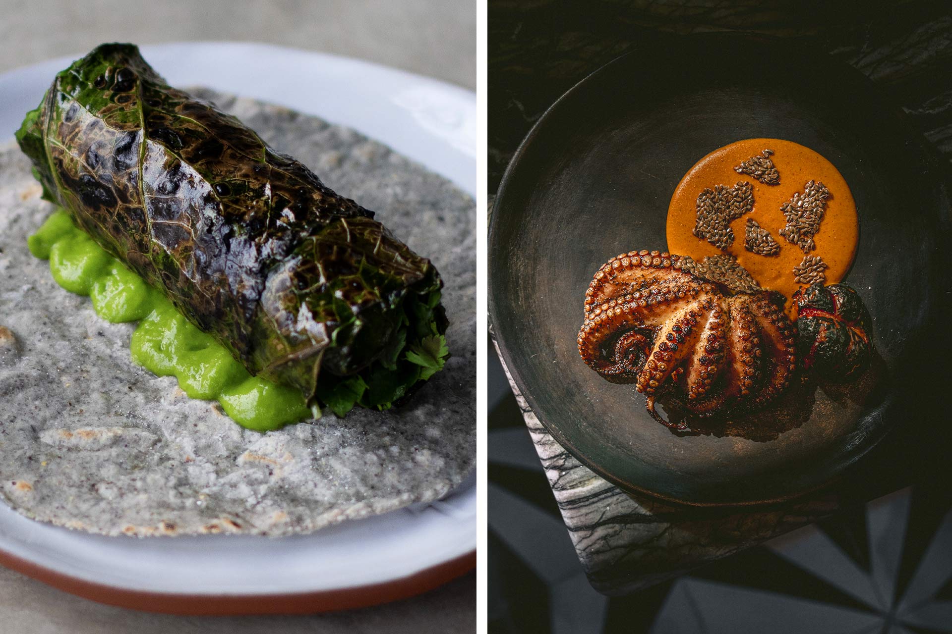 The signature taco de hierbas at La Barra de Huniik and charred octopus from Ixi'im. © Maria Jose Garza/La Barra de Huniik | © Chablé hotels/Ixi'im