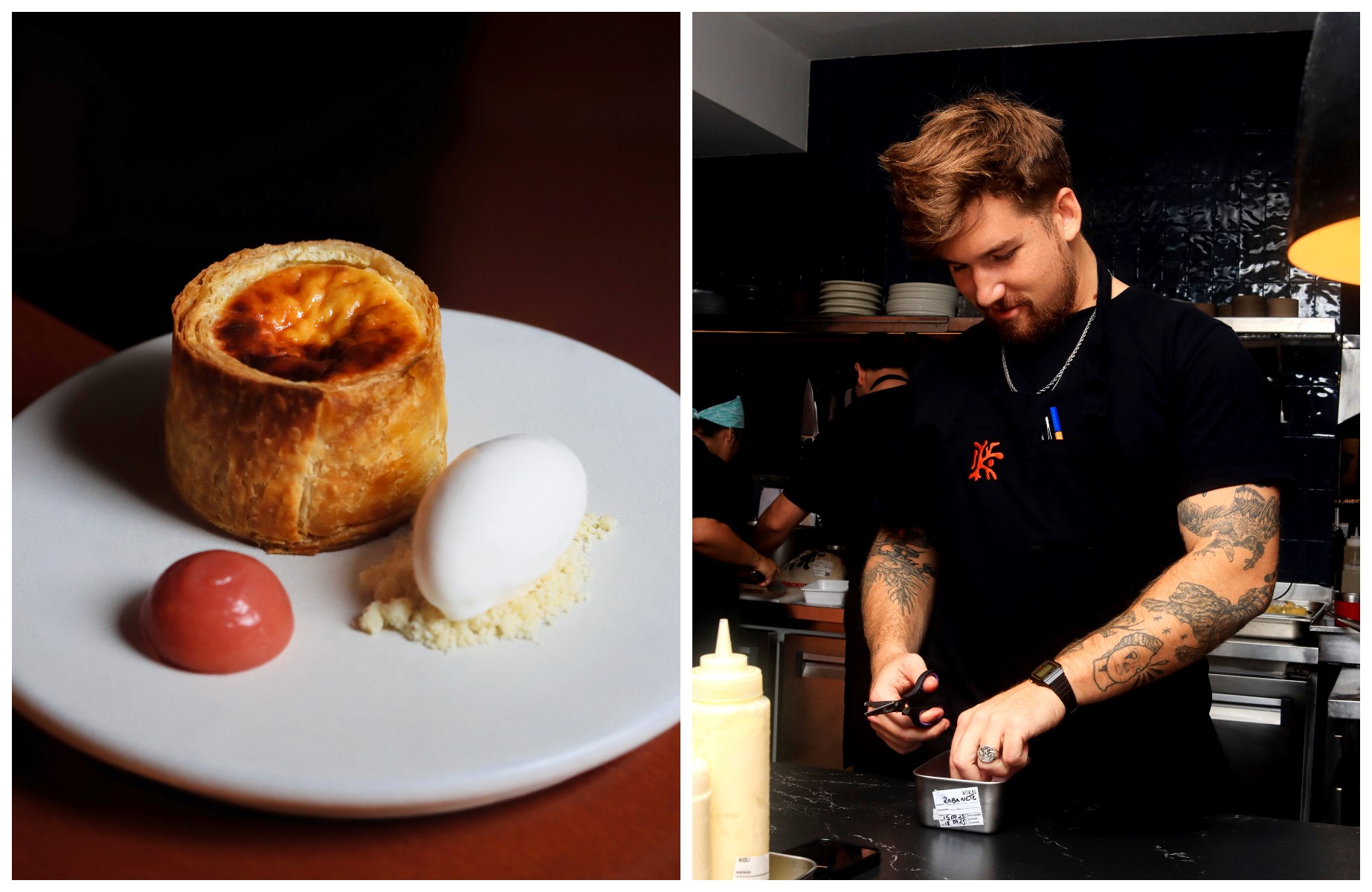 Um dos clássicos do menu de sobremesas do Koral, o famoso cheesecake em camadas, servido quente com pasta de goiaba; e Coronha em ação no restaurante. © Yasmim Alves/Koral; Koral