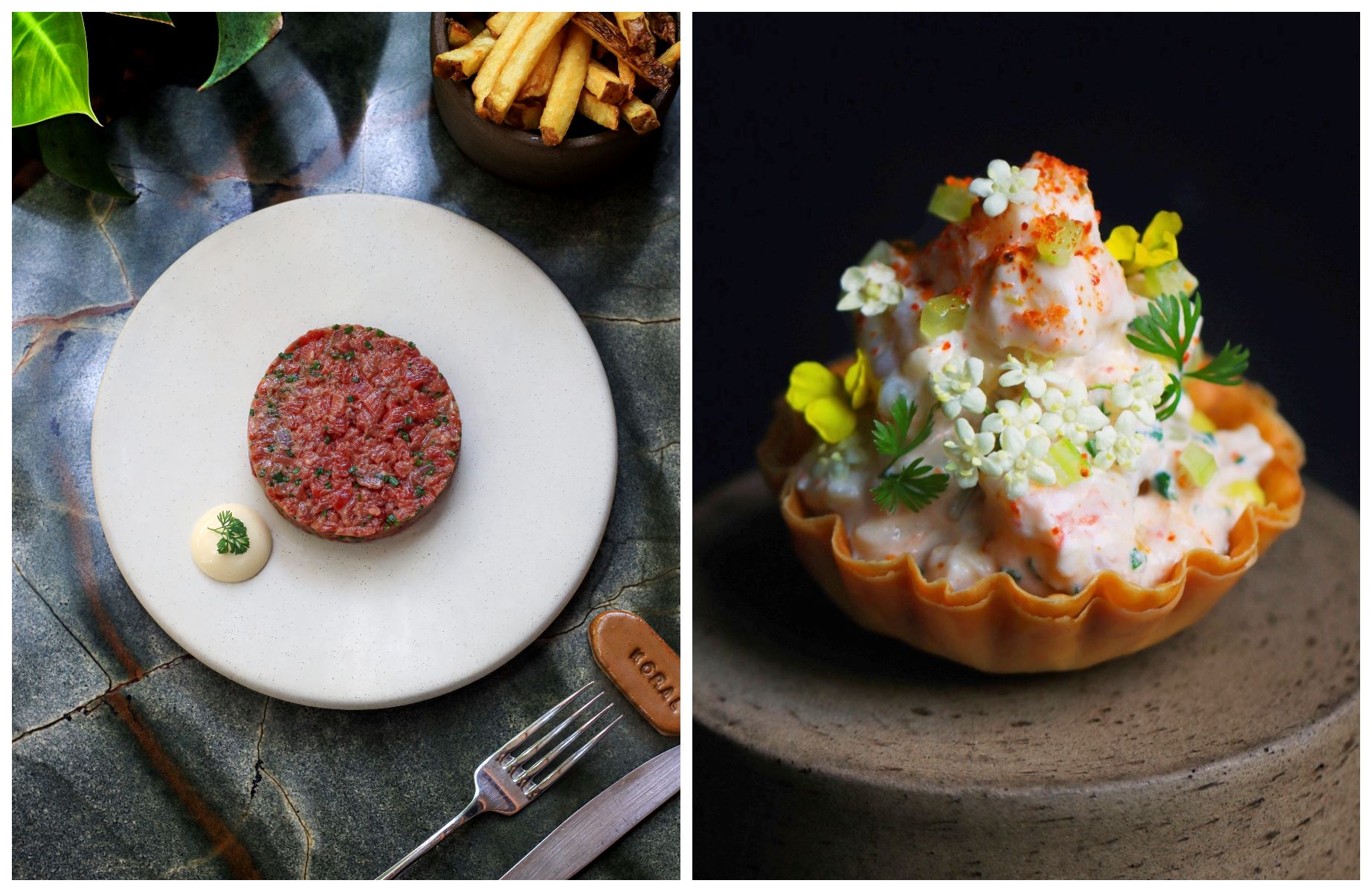 Entre as entradas do Koral, o steak tartar defumado e o snack de salada de camarão com creme de abacate grelhado e defumado demonstram criatividade e sofisticação mesmo nos pequenos detalhes. © Yasmim Alves/Koral