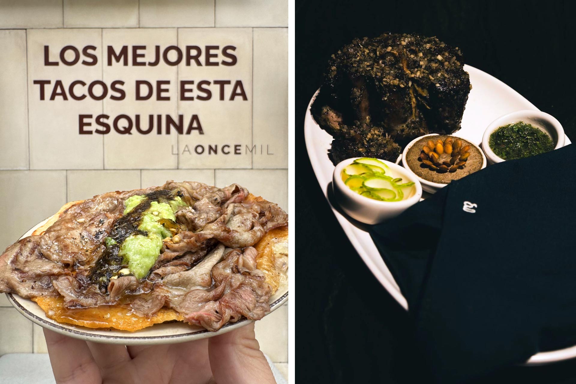 Ribeye taco from La Once Mil and slow-cooked dish at Gaba. © La Once Mil | © Orlando Vega/Gaba