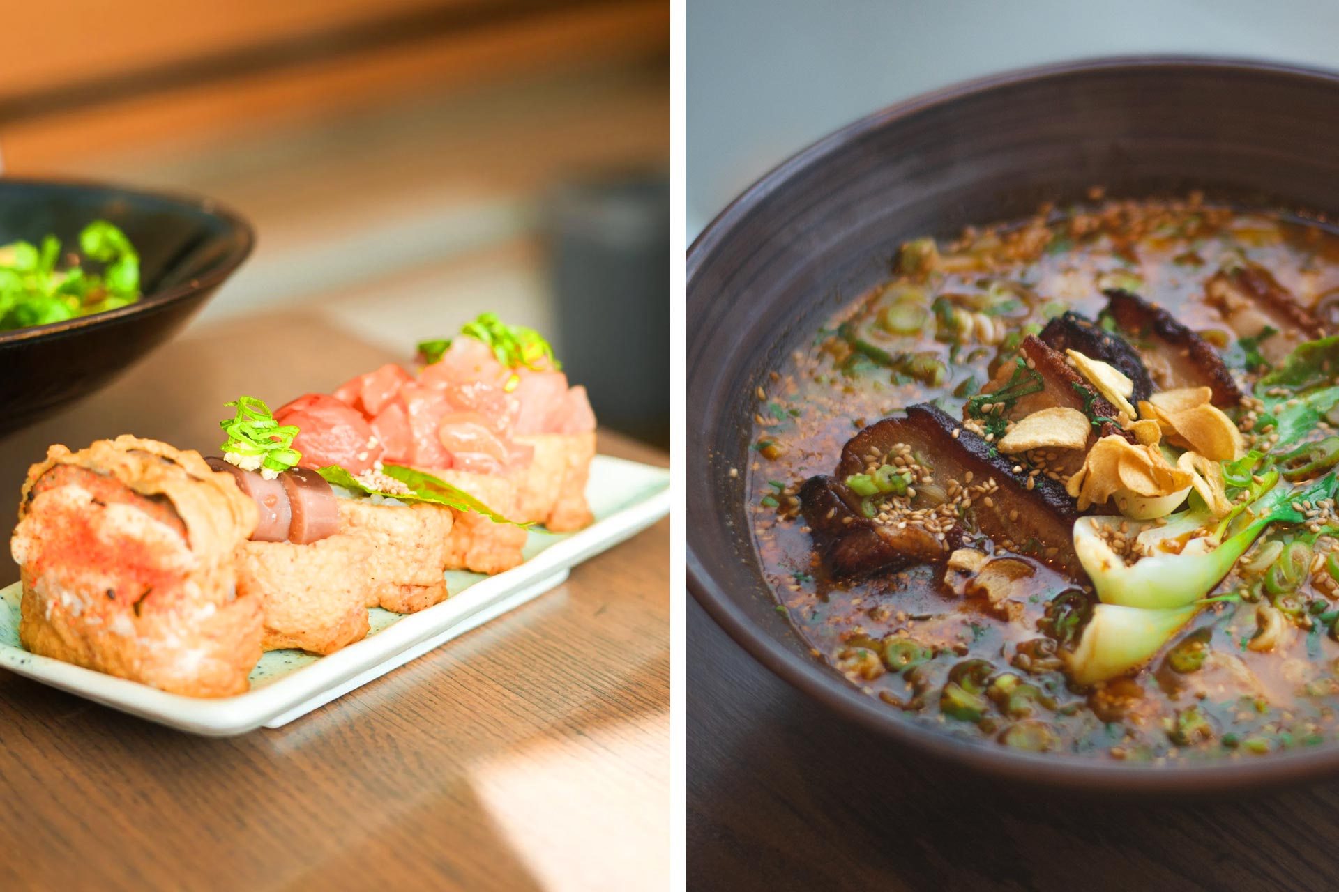 Sushi and spicy tanton udon. © Motonobu Udon