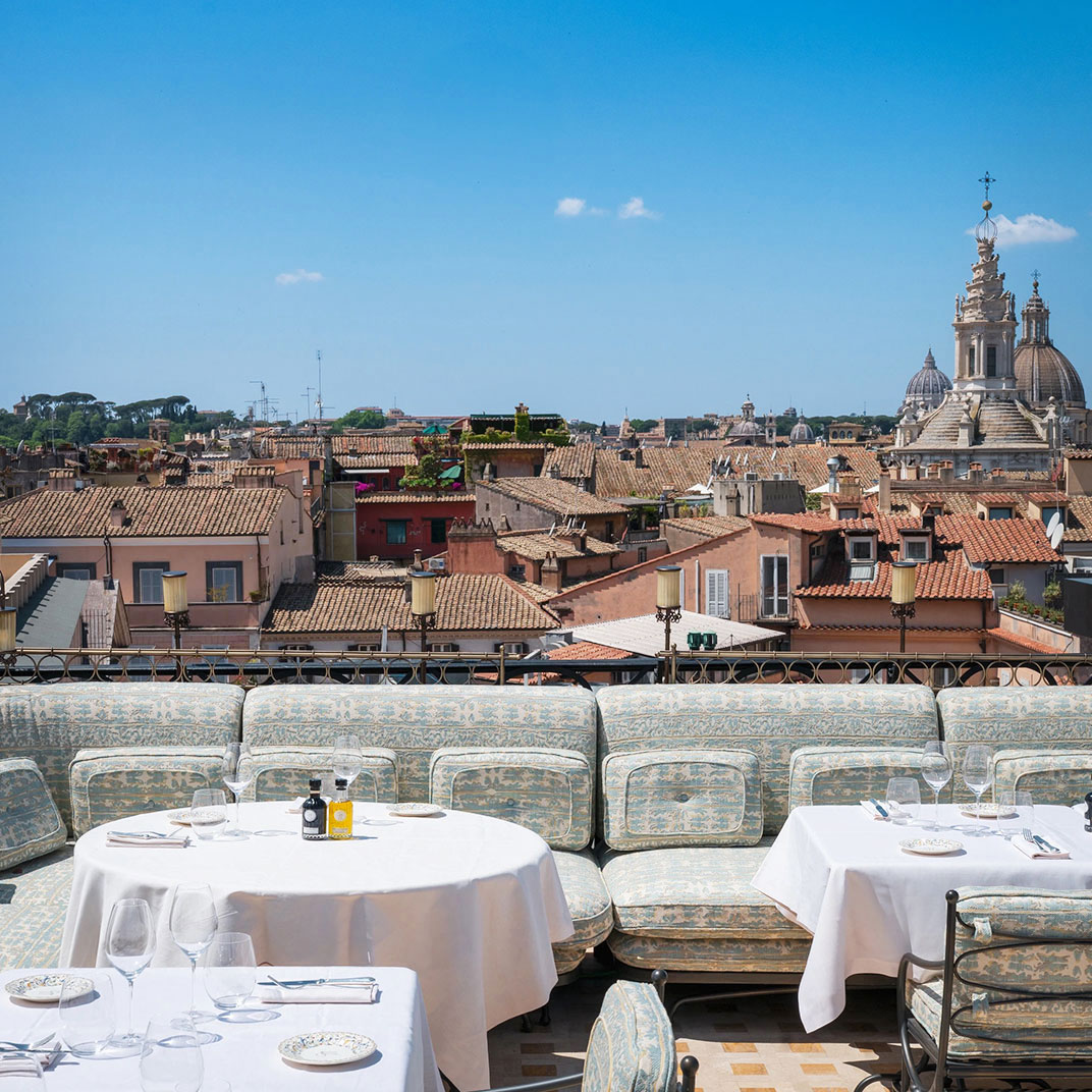 The rooftop, by Gigi Rigolatto, helps cement the new vibe of this hotly anticipated entry to Rome's luxury hotel scene. © Orient Express La Minerva