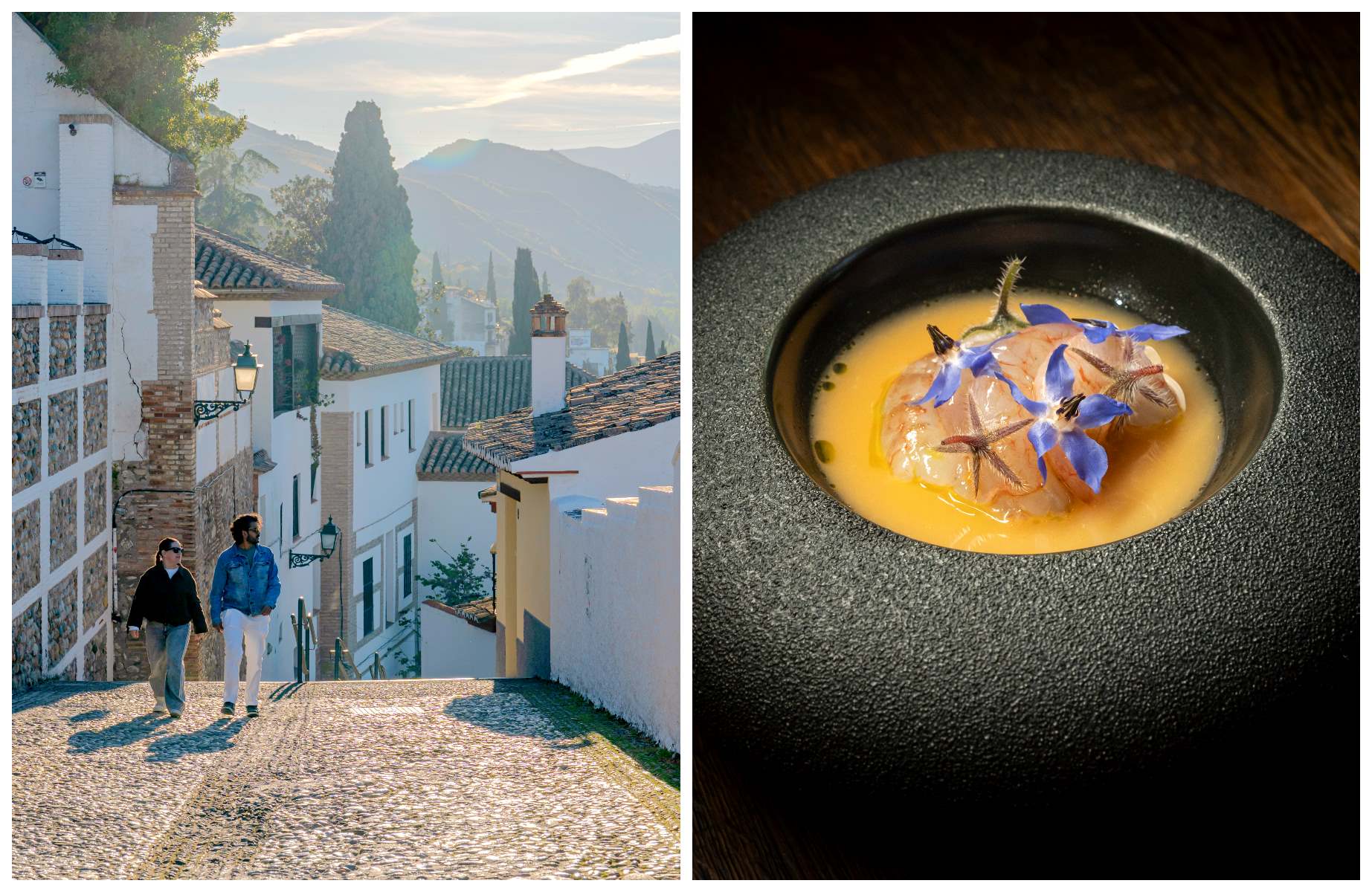 Jiménez und Kothari steigen einen der Hänge von Granadas Viertel Albaicín hinauf in Richtung Alhambra. Daneben ein Gericht aus Motril-Garnelen mit Blutorange aus dem Lecrín-Tal und Raf-Tomaten-Gazpacho, zubereitet von Jiménez. © MICHELIN Guide