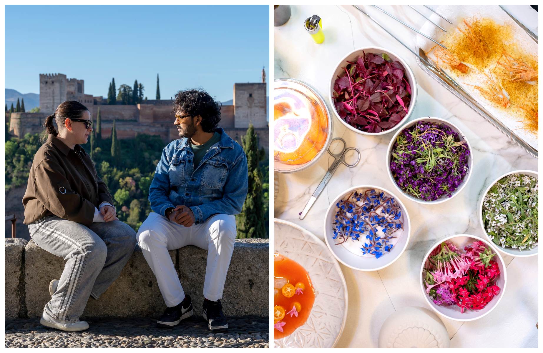 Jiménez und Kothari am Aussichtspunkt Mirador de San Nicolás, mit der Alhambra und der Sierra Nevada im Hintergrund. Rechts die berühmten Motril-Garnelen und weitere Zutaten aus Granadas reicher Speisekammer in der Küche des Faralá. © MICHELIN Guide