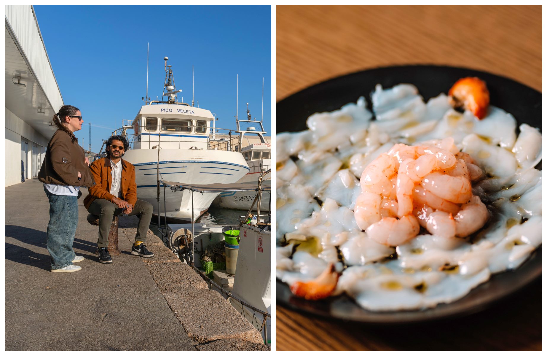 Die beiden Köche im Hafen von Motril. Hier kommen täglich die Meeresfrüchte an, die sowohl im Faralá als auch im FM, einer echten Institution Granadas, serviert werden – zum Beispiel als Tatar auf Jakobsmuschel-Carpaccio. © MICHELIN Guide; Omibu/FM