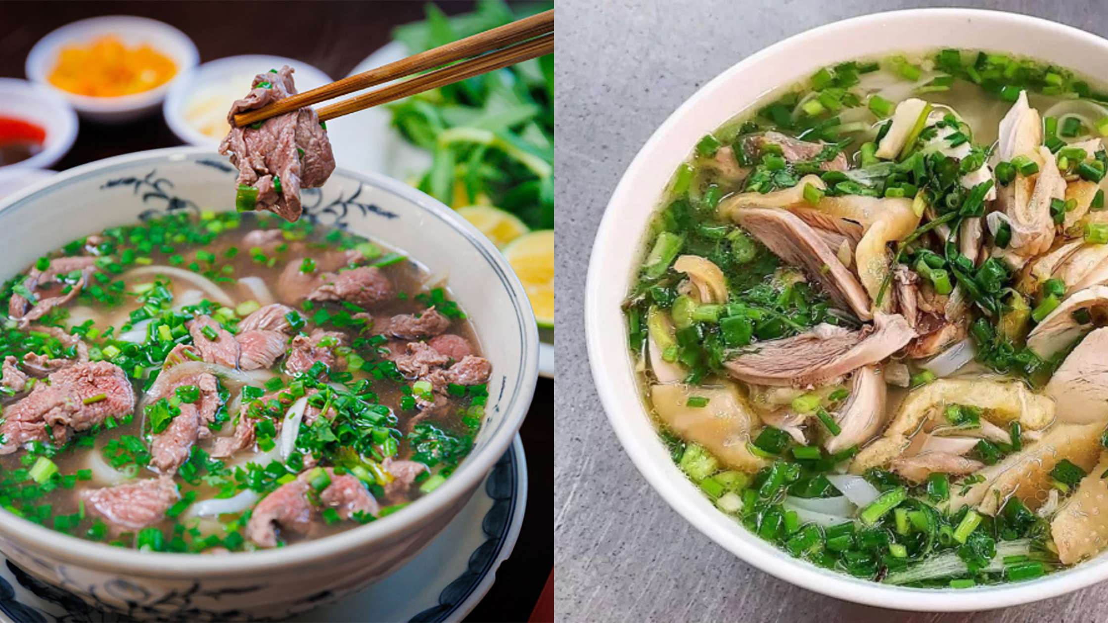 Saigonese beef phở at Pho Viet Nam (District 1) and Hanoian chicken phở at Phở Gà Nguyệt. © Pho Viet Nam (District 1), MICHELIN Guide 