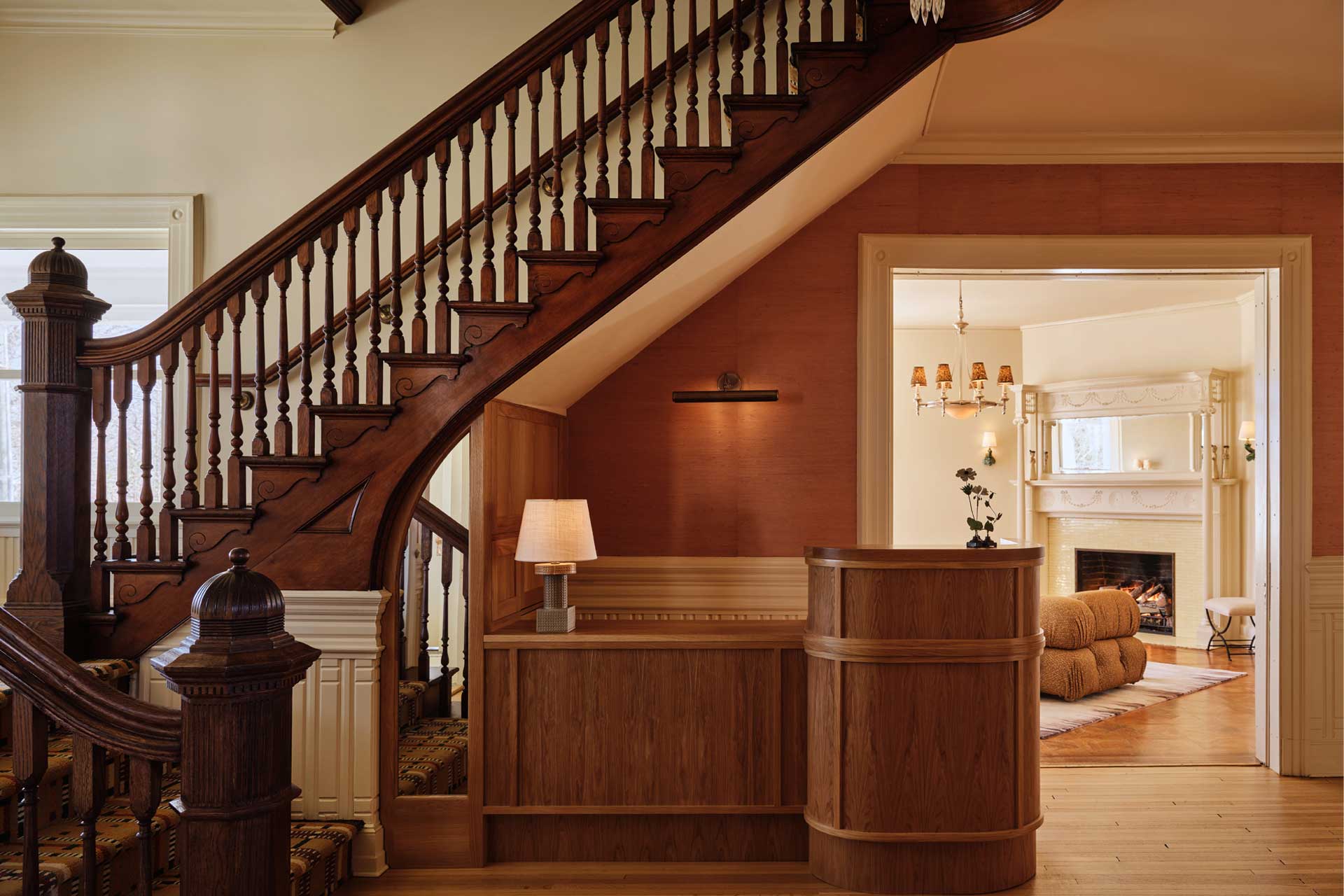A stately staircase typical of this side of the accommodations at the Belden House.  © Read McKendree, Belden House & Mews