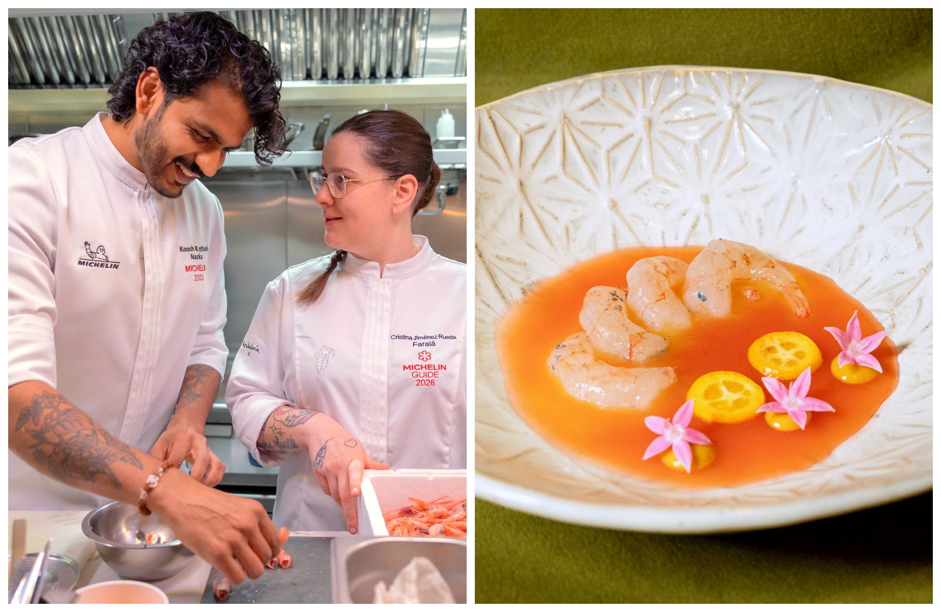 Kothari und Jiménez mit ihrer Meeresausbeute, Garnelen aus Motril, die sie gemeinsam im Faralá zubereiten. © MICHELIN Guide