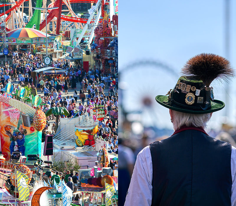 Unzählige Fahrgeschäfte sind unterhaltsam für Jung und Alt. Der Herr mit dem Trachtenhut samt Gamsbart hat das Riesenrad im Blick © München Tourismus, Tommy Lösch (links) / Annette Sandner (rechts)