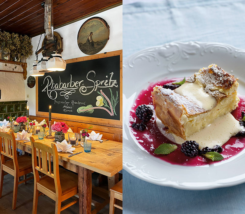 Die gemütlichen Innenräume und eine von Michaela Hagers köstlichen Nachspeisen: Quarkstrudel © Schießstätte (links), © Susanne Spiel (rechts) / aus Michaela Hagers Buch „Festtagsküche“, Brandstätter Verlag