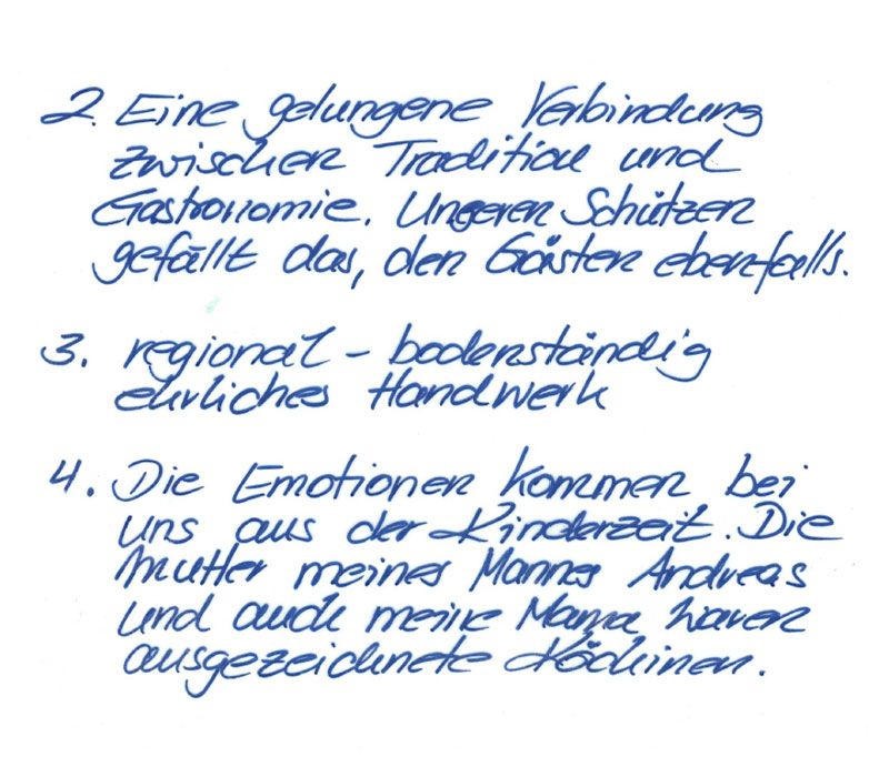 Wie ihre Speisekarte schreibt Michaela Hager uns auch die Antworten für unser Interview in ihrer schönen Handschrift auf