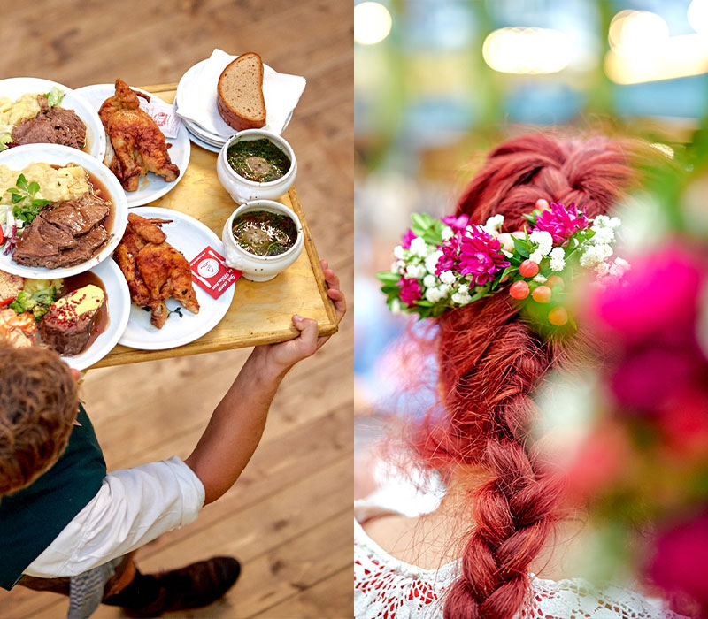 Zwei typische Motive des Oktoberfests: voll bepackte Tabletts mit bayerischen Spezialitäten wie Ochsenbraten, Hendl und Leberknödelsuppe – und kunstvolle Trachtenfrisuren und Blumenkränze © Annette Sandner