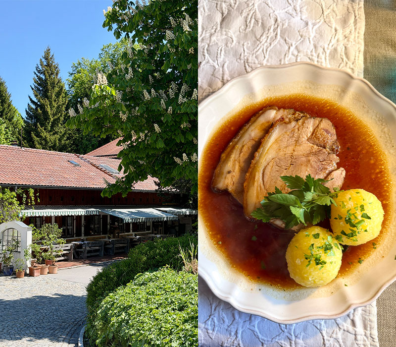 Terrasse an der Tölzer Schießstätte und frischer Schweinebraten mit Kartoffenknödeln © Tölzer Schießstätte