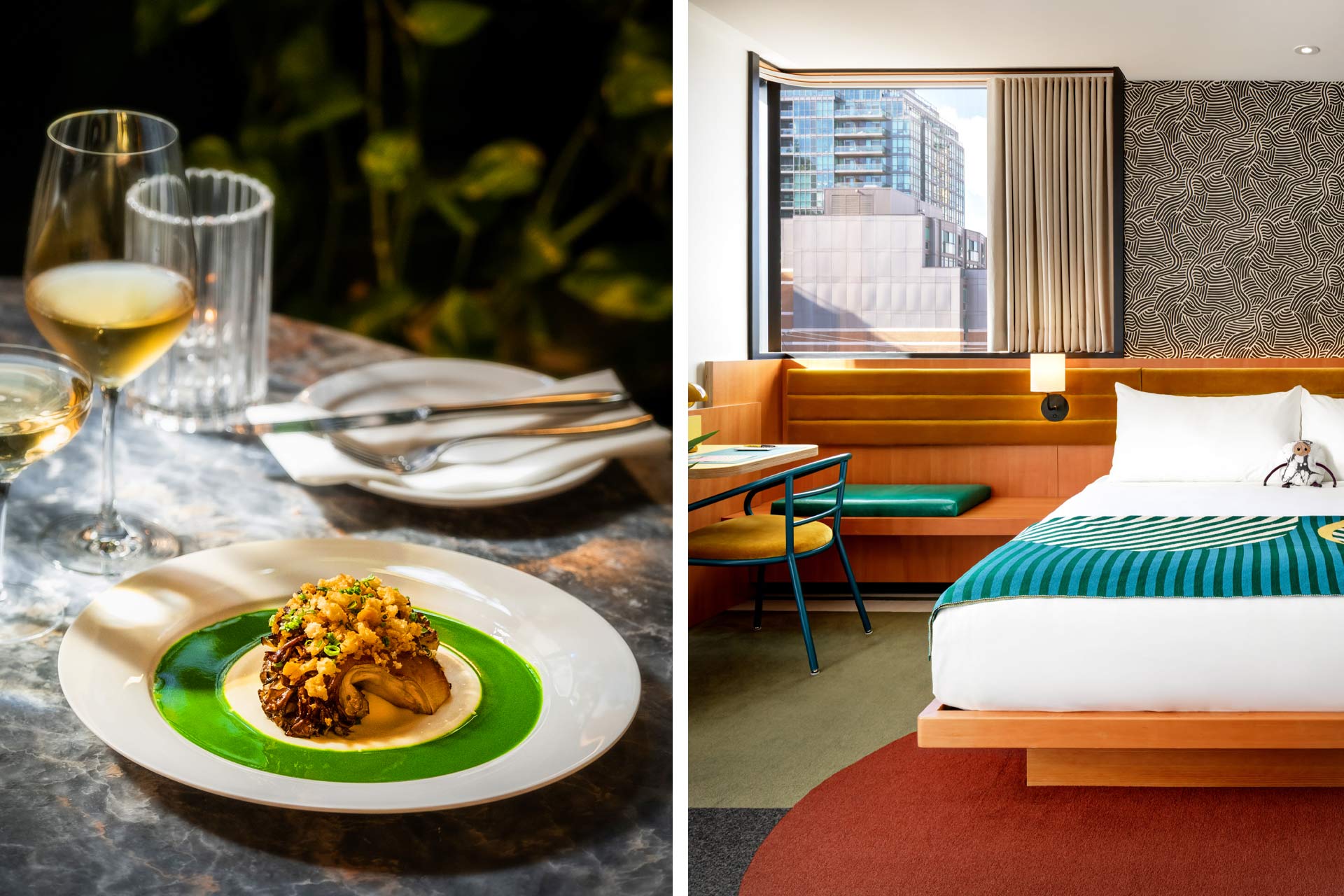 Roasted Maitake mushroom dish at La Banane and Modern Wing King room at the Drake © Yancy Quach/La Banane | © The Drake Hotel