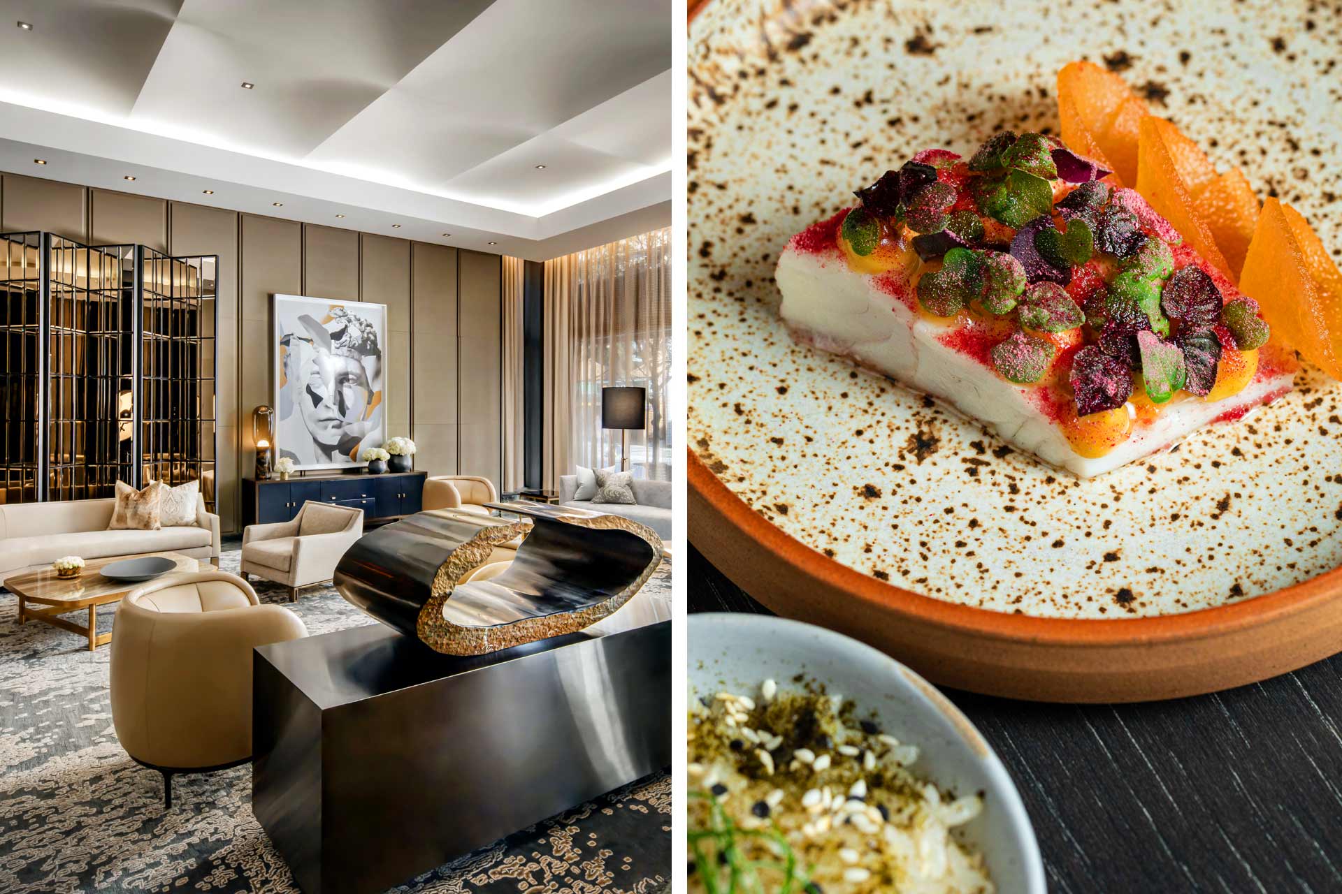 Yabu Pushelberg-designed Hazelton Hotel and fish entree. © The Hazelton Hotel Toronto | © Francis Jian Zhang/Enigma