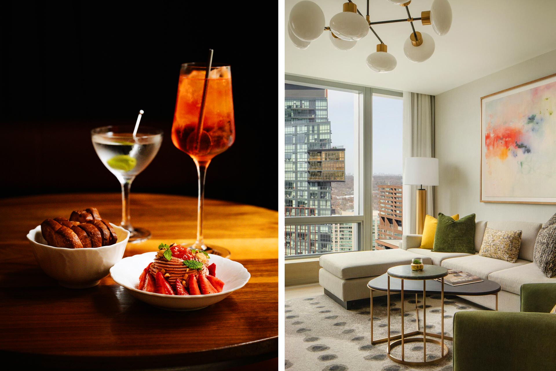 Cocktails and starters at Alobar and the view from your luxury suite at the Four Seasons. © Daniel Neuhaus/Alobar Yorkville | © Four Seasons Hotel Toronto
