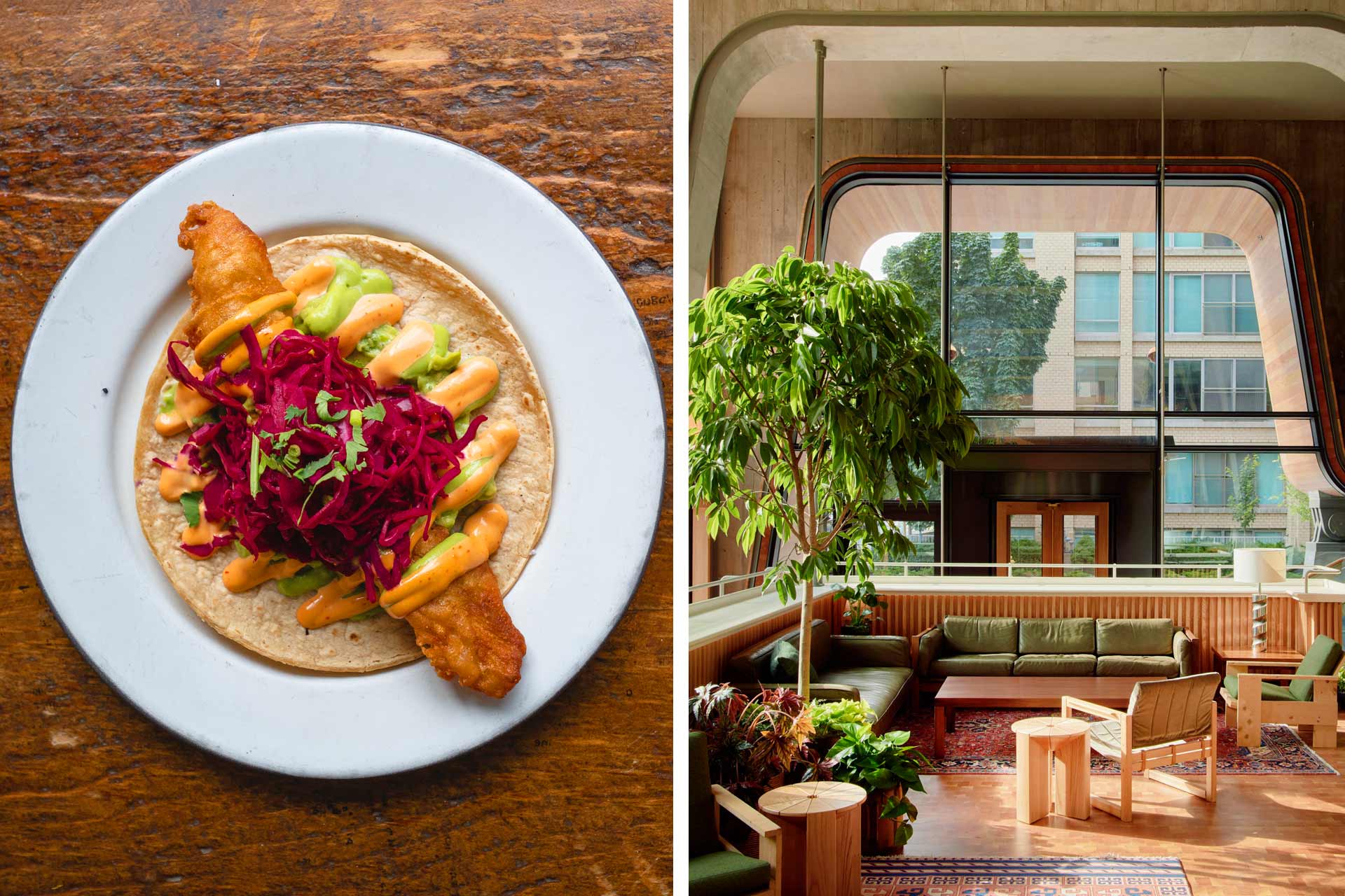 Fish taco from Campechano and the lobby lounge at the Ace Hotel Toronto. © Shane Cay/Campechano | © Ace Hotel Toronto
