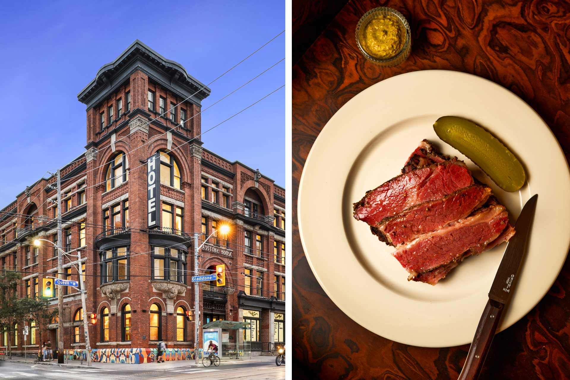137-year-old heritage landmark exterior of the Gladstone and thick-cut pastrami at Linny's. © Gladstone House | © Daniel Neuhaus/Linny's