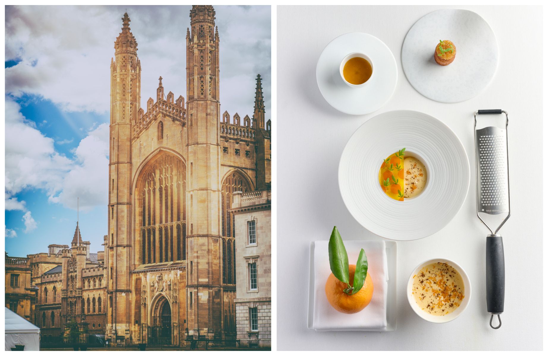 King's College in Cambridge and a multi-dish course from Two-MICHELIN-Star Midsummer House. © Banjaku/iStock, © Tim Green/Midsummer House