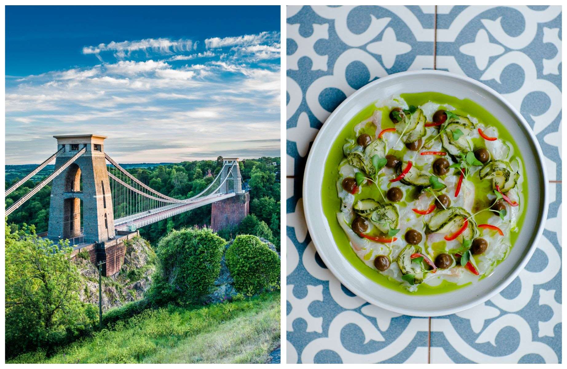 Clifton Suspension Bridge in Bristol, alongside a dish from one of the city's best vegetarian restaurants. © Andrew Michael/iStock, © Ed Schofield/Root