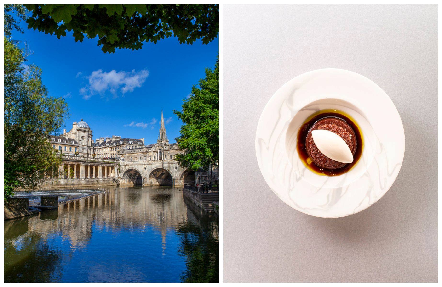 Pulteney Bridge and the River Avon in Bath, plus a standout chocolate and olive oil dessert from the city's Starred restaurant. © chrisdorney/iStock, © Mark Cleghorn/The Olive Tree