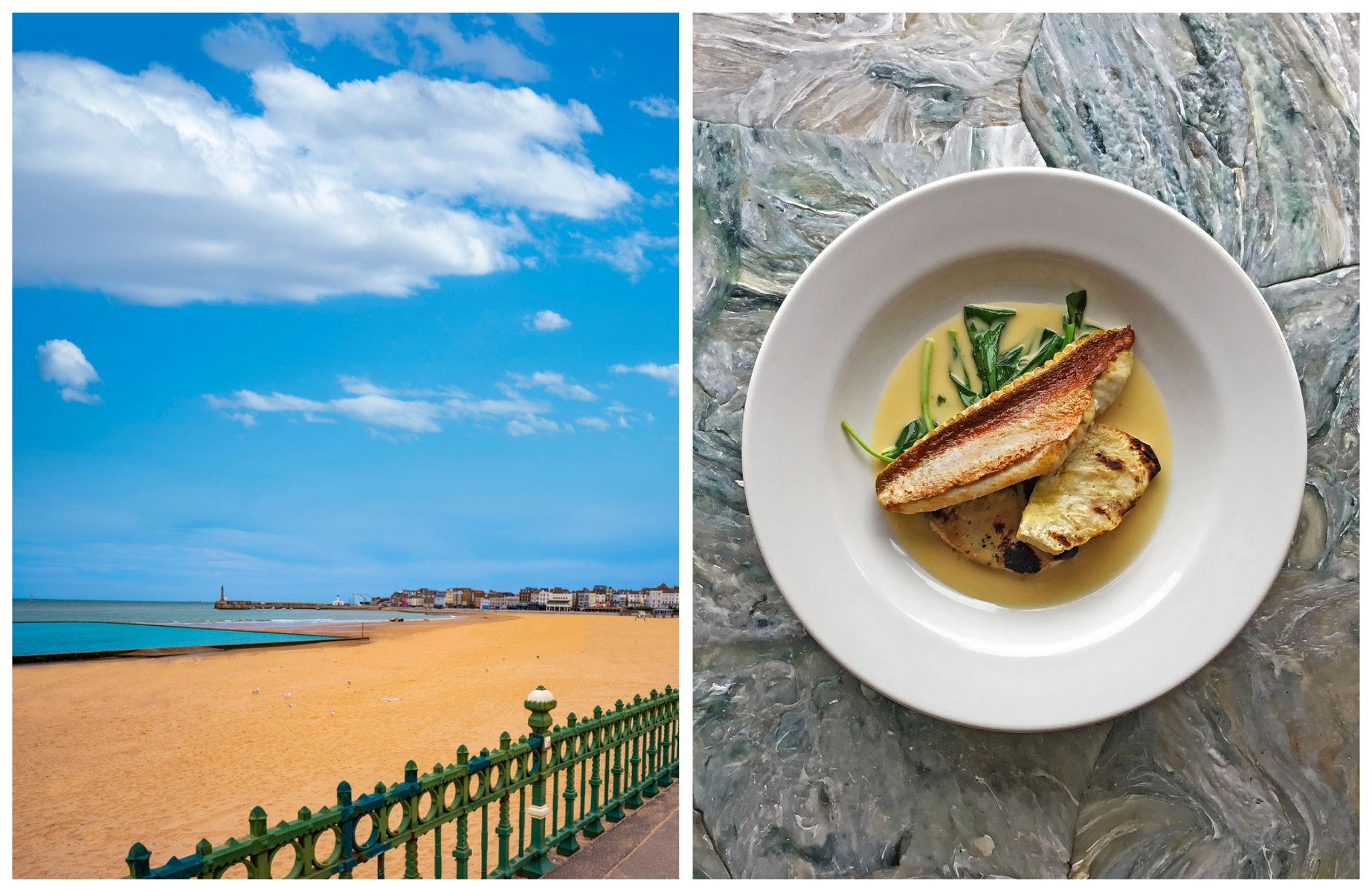 Margate Beach, ideal for a seaside escape from the city, and locally caught fish at Angela's. © MEDITERRANEAN/iStock, © Lee Coad/Angela's
