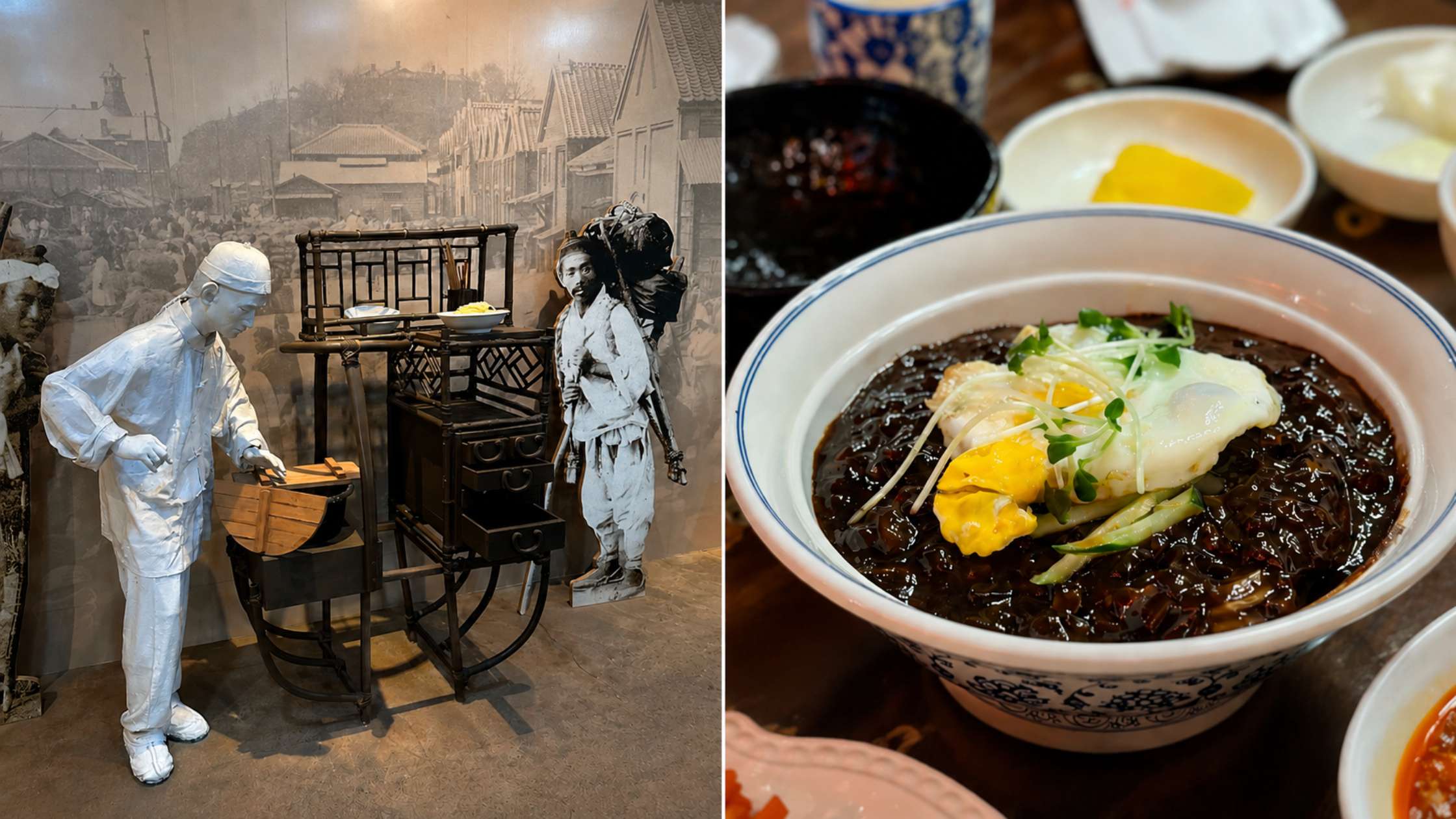 Left: The Jjajangmyeon Museum documents the history of Korea’s iconic black bean noodle dish. Right: Jjajangmyeon at Junghwaru in Incheon Chinatown. © Lee Hyo-won