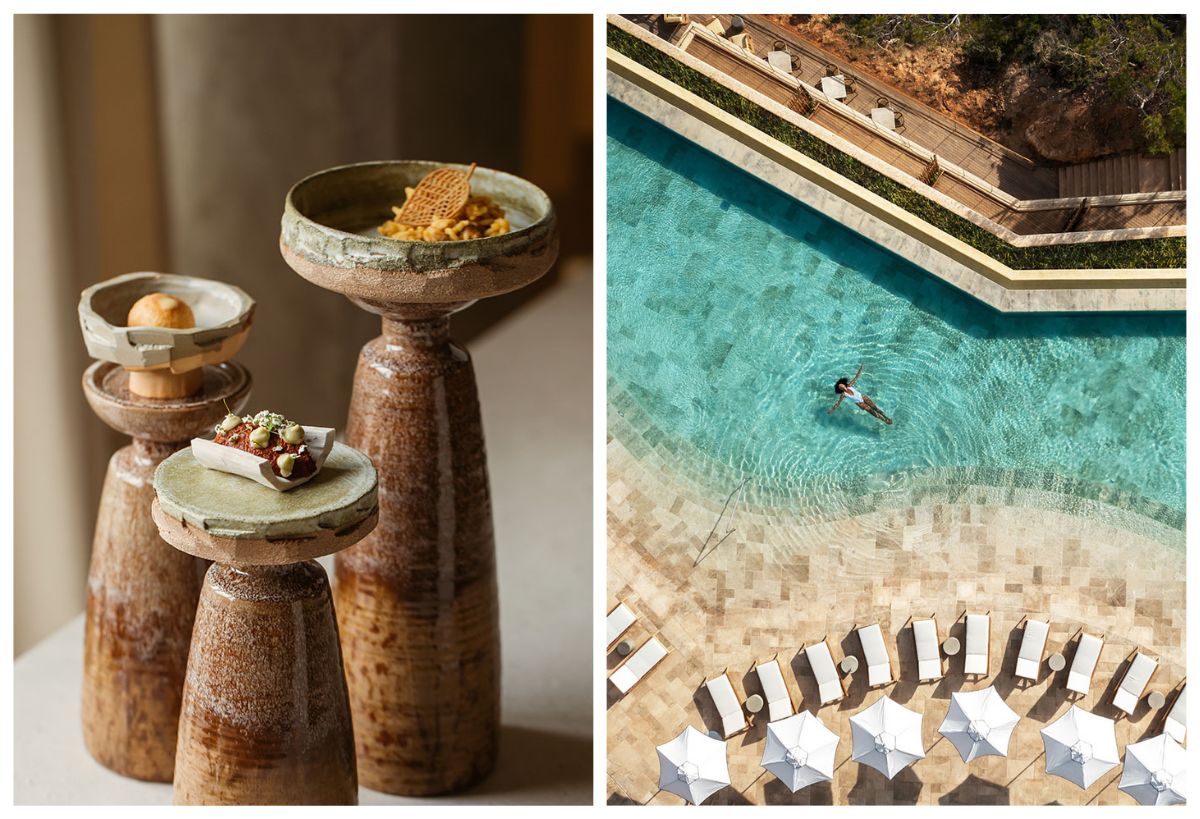 Dishes at the One-Star La Gaia restaurant inside the Ibiza Gran hotel, and the pool area at the Six Senses Ibiza hotel. © Luana Failla/La Gaia, © Six Senses Ibiza