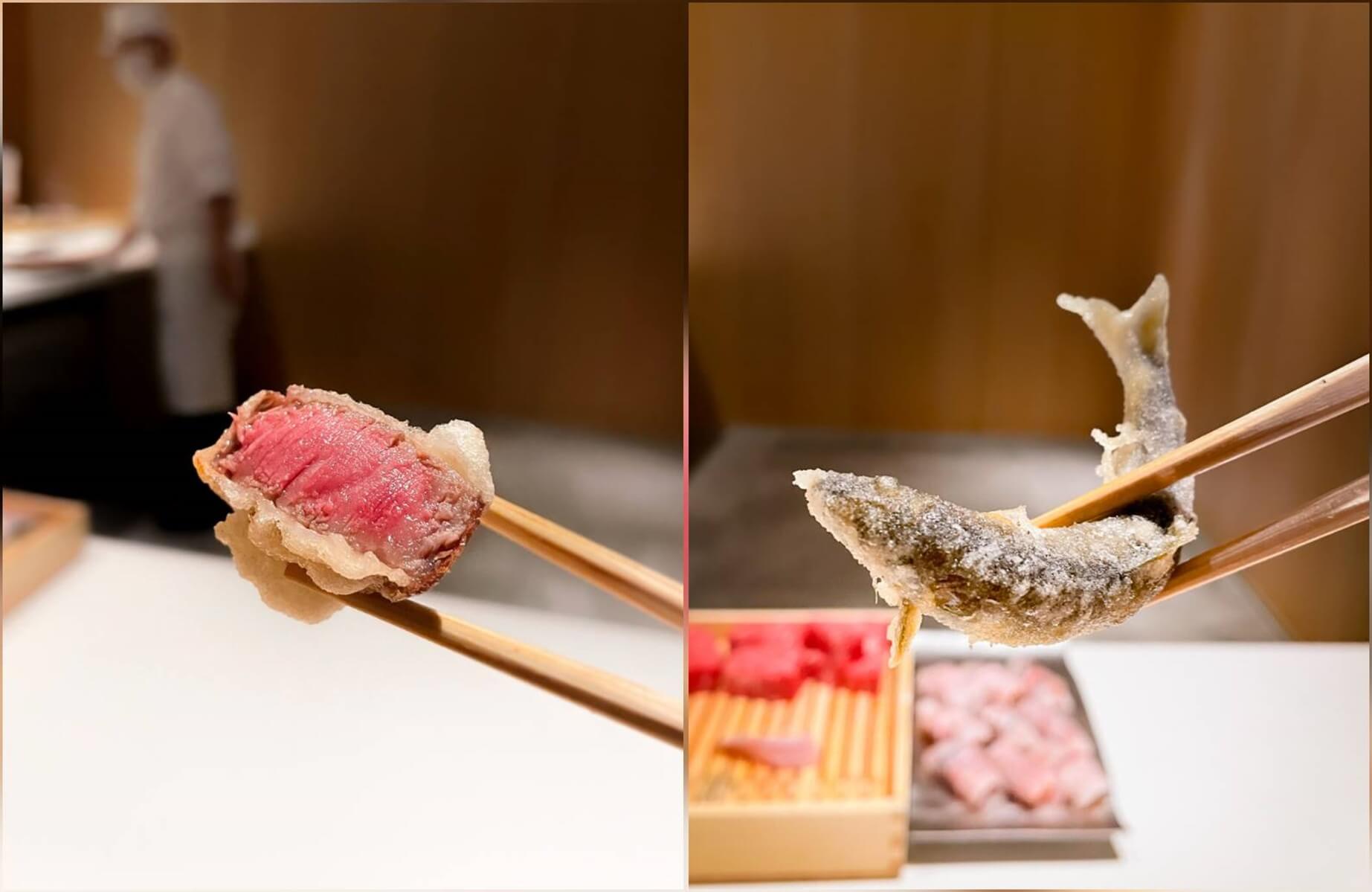 In tempura restaurants, ingredients are typically prepared into bite-sized portions for easy eating with chopsticks. Pictured: Mudan’s wagyu beef and small ayu (sweetfish) tempura. © Mudan