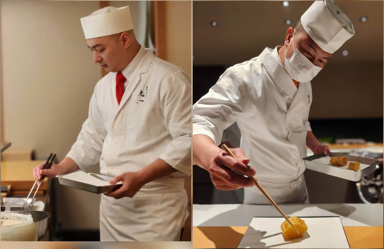 Tempura relies heavily on the chef’s skill and experience. Pictured are Motoichi chef Mazu Dong (left) and Mudan chef Su Wen-shou. © Karen Lin