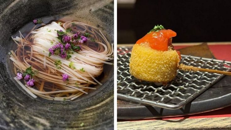 Heartfelt washoku cuisine and daring takes on comfort food like kushiyaki, Nara offers both. Left:© Ajinotabibito Roman Right: © Sosakukushinomise Rindo 