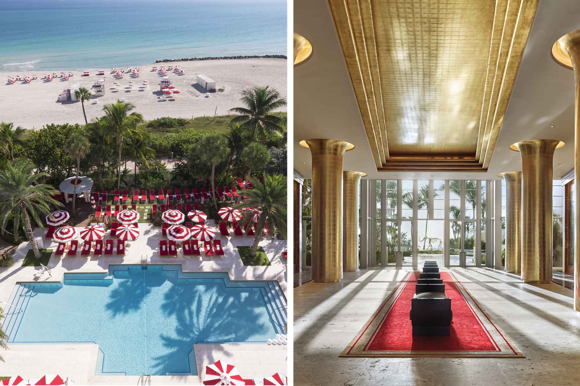 The picturesque pool and beach and the lobby space, also known as the Cathedral. (© Faena Miami Beach / Nik Koenig)