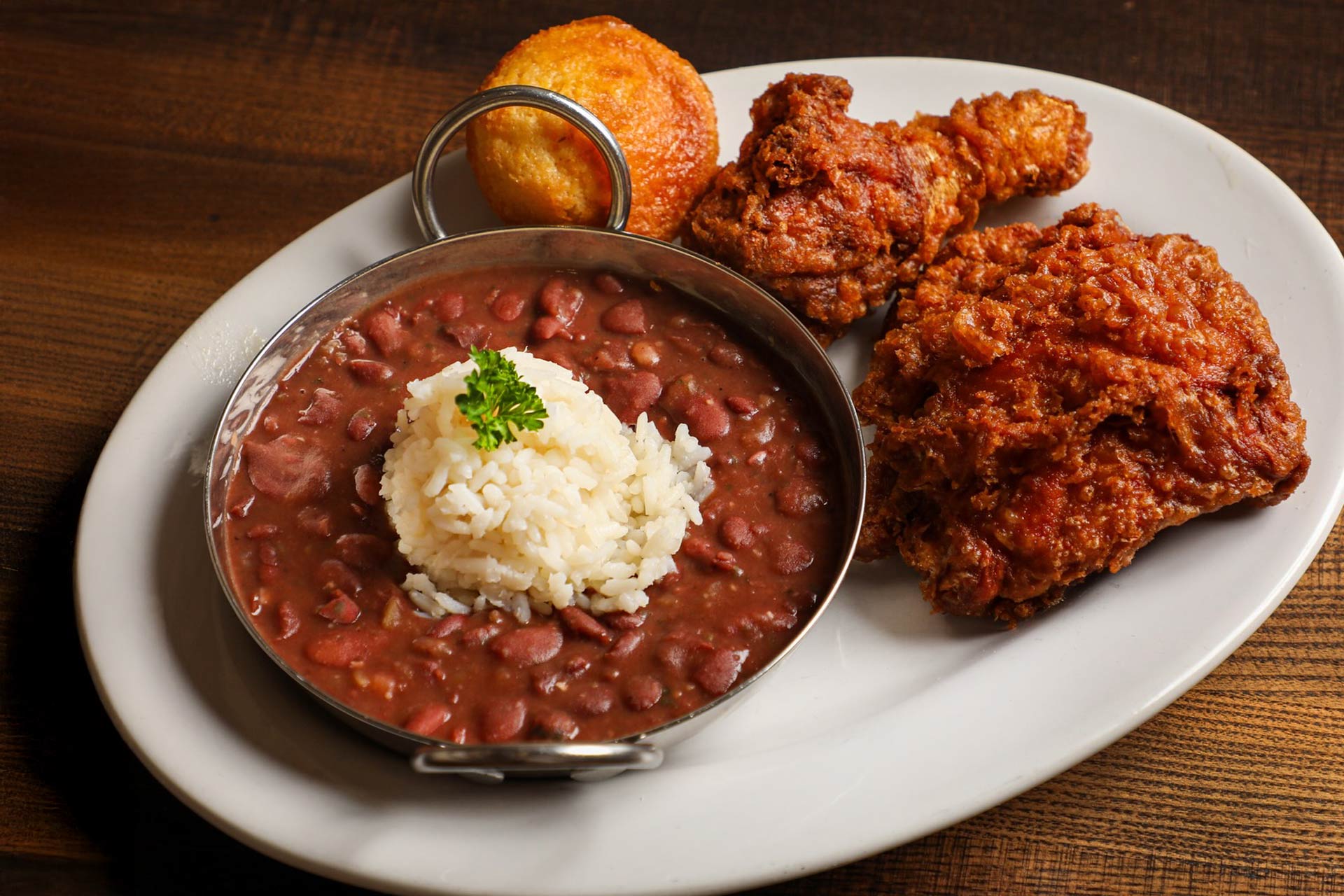 Melt-in-your-mouth red beans and rice served with fried chicken. © Willie Mae's Nola