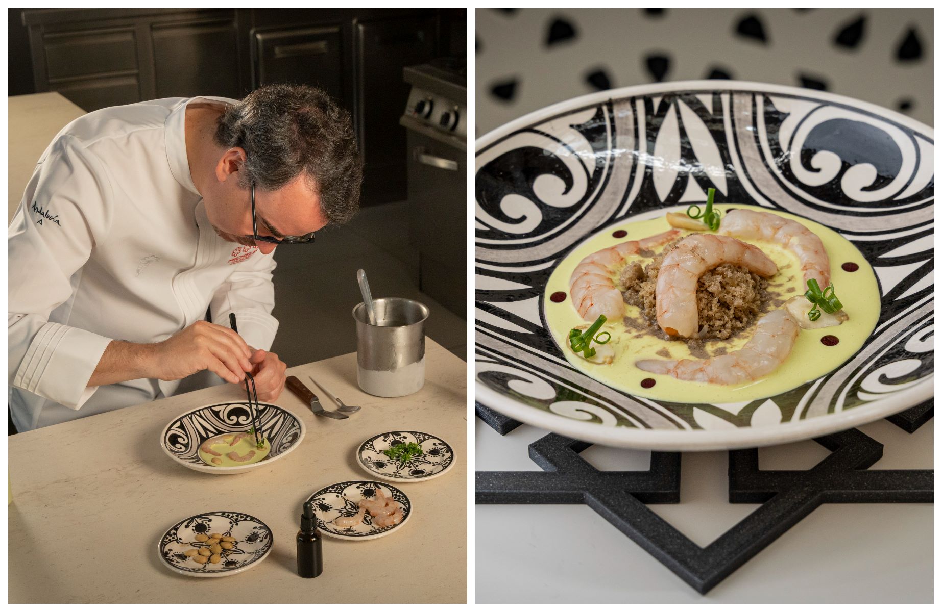 Crème de pistache avec praline, crevettes blanches, ciboulette frisée et garum, créée par Morales; Mellino sur le point de la goûter dans la salle à manger de Noor. © Guide MICHELIN