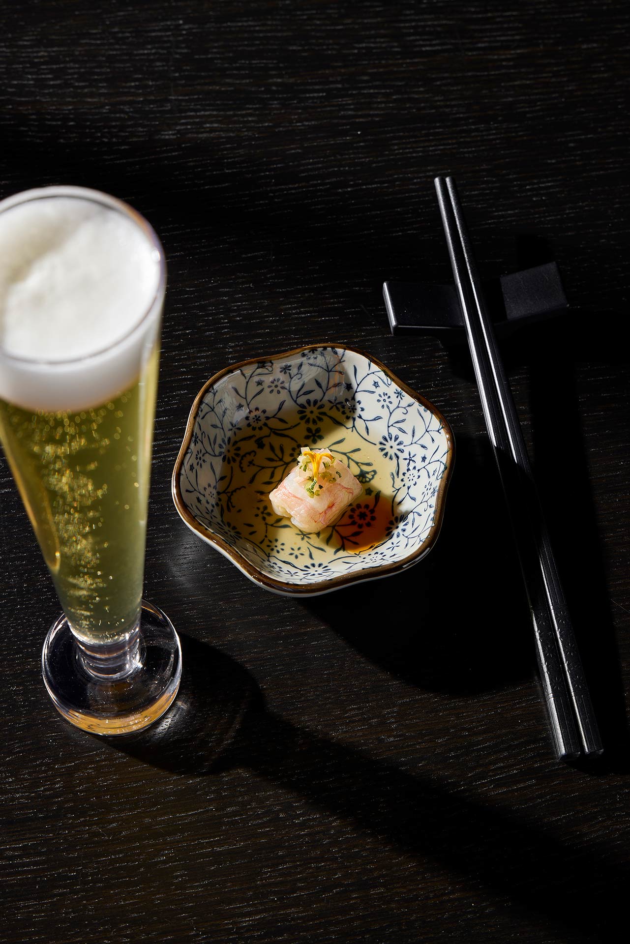 Langoustine "snack" paired with Moody Tongue Yuzu Lager. © Jordano Studio/Moody Tongue