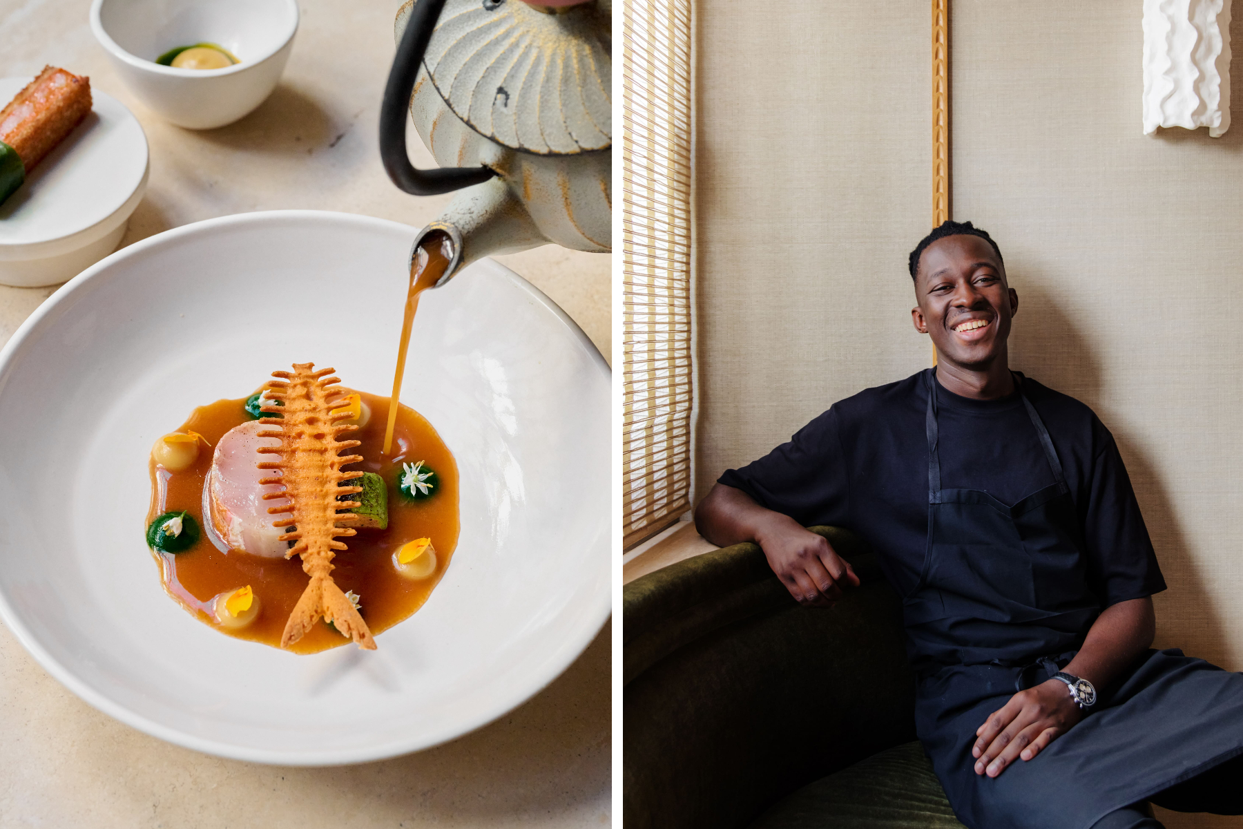 Le chef Mory Sacko, au piano de l'étoilé métissé MoSuke (à gauche © Caspar Miskin. A droite © Virginie Garnier)