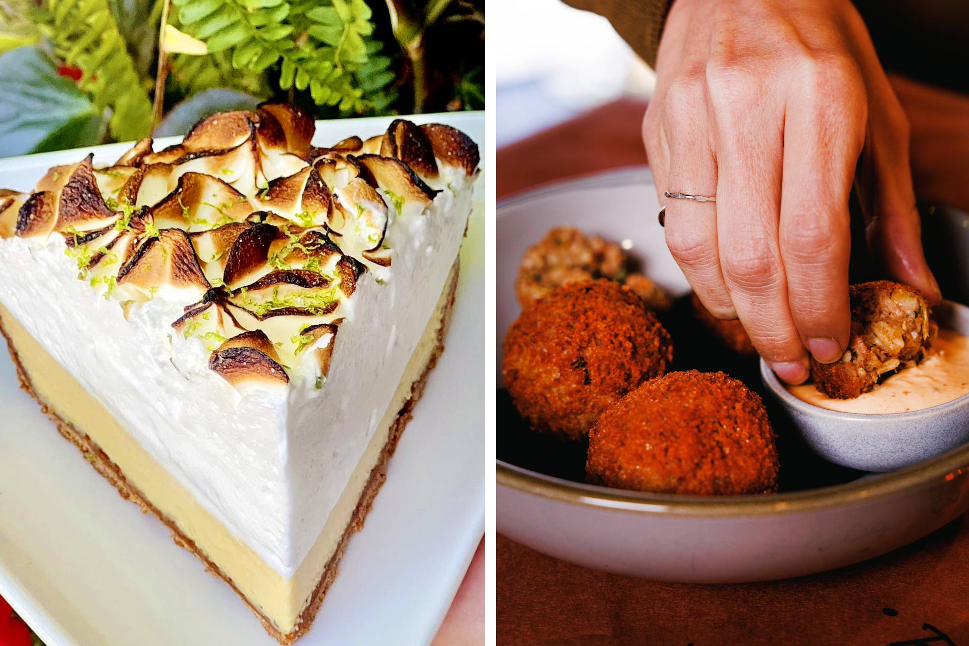Key Lime Pie with toasted meringue topping from Moondog Café & Bakery and Crispy boudin balls at Lucky 8. © Moondog Cafe/Moondog Café & Bakery | © Zach Dauth/Lucky 8