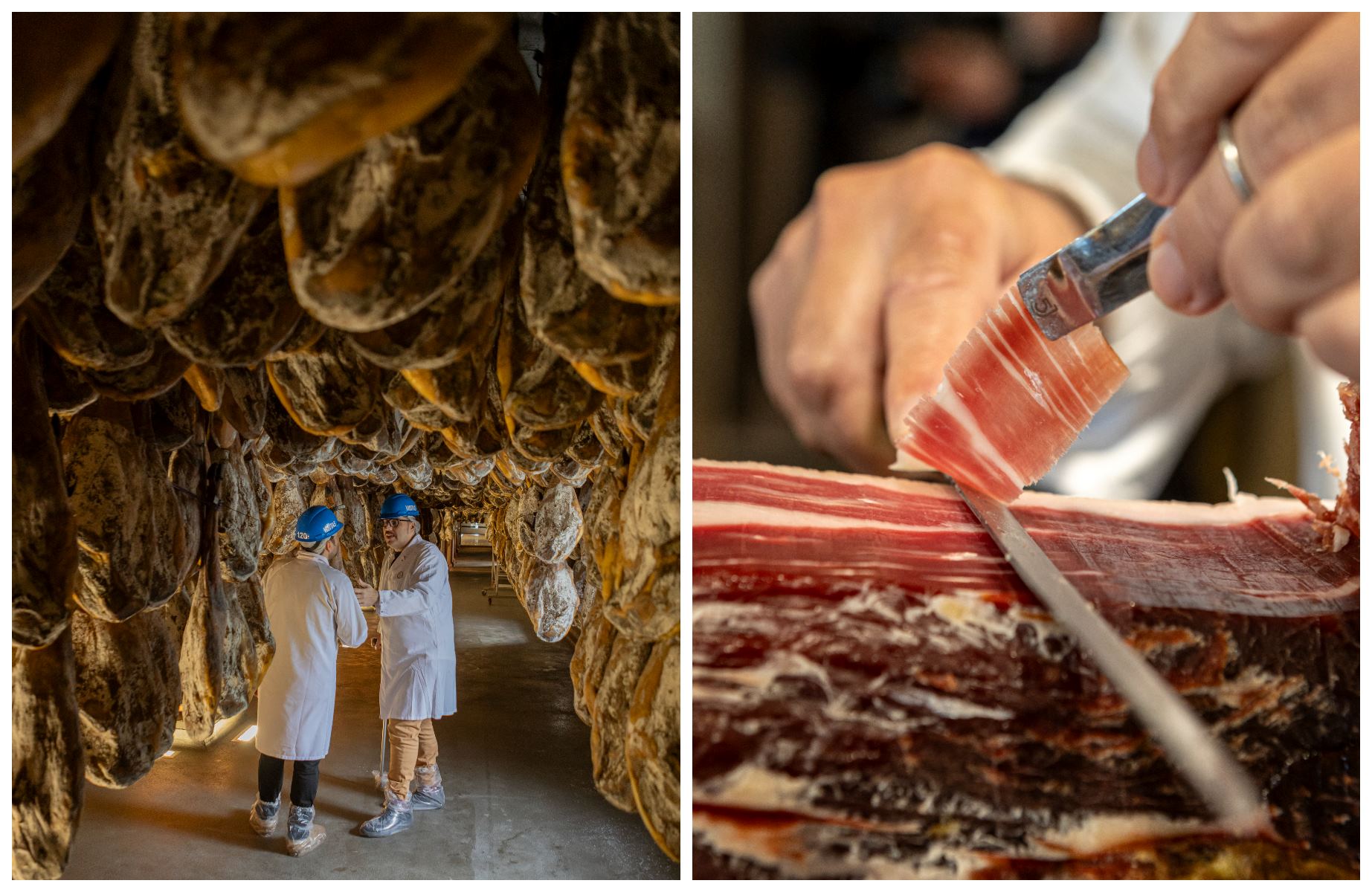 Le domaine Cinco Jotas, à Jabugo, avec ses centaines de jambons et d'épaules suspendus dans la pénombre, fonctionne sans machines ni statistiques, mais avec plusieurs décennies d’expérience. © Guide MICHELIN