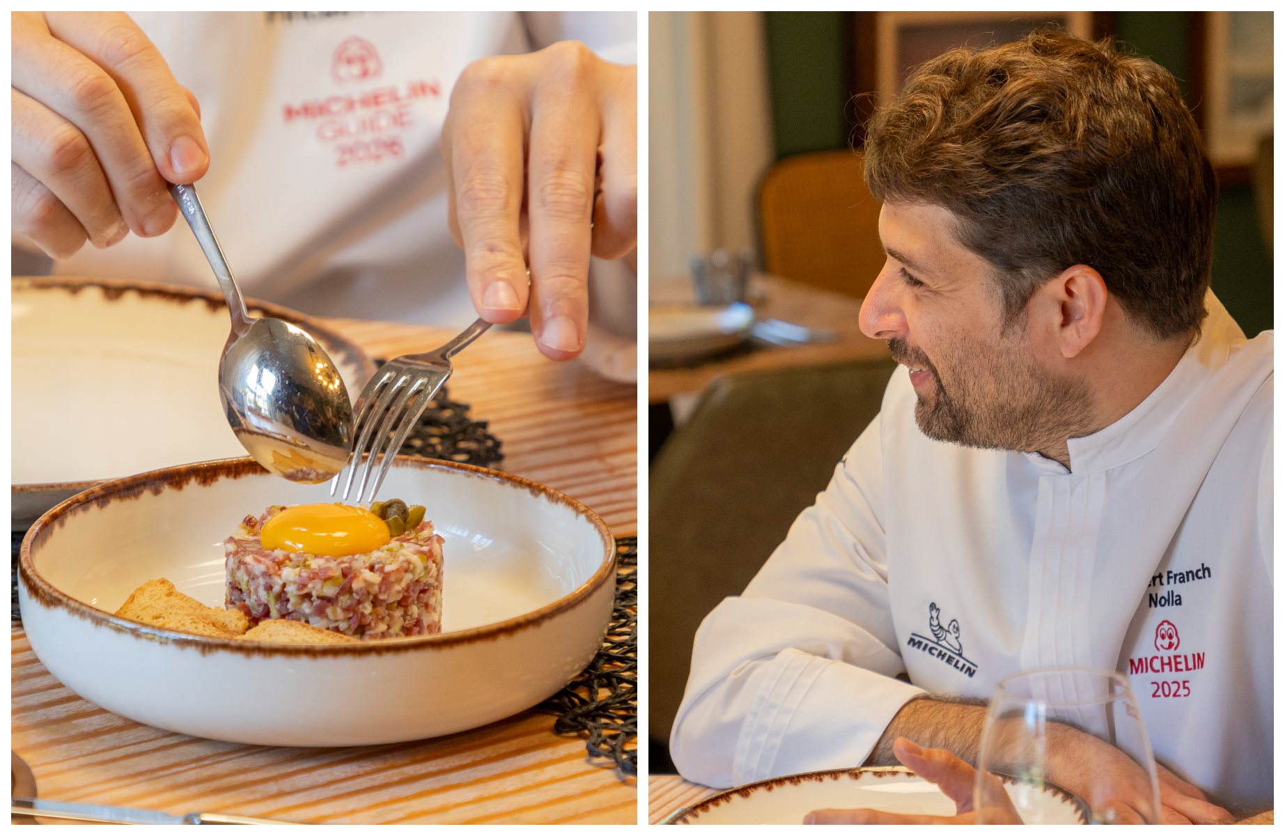 Tartare de jambon ibérique, glace à la moutarde et jaune d’œuf de poule élevée en plein air : c’est ainsi que Xanty Elías clôture ce dîner préparé à quatre mains avec Albert Franch. © Guide MICHELIN