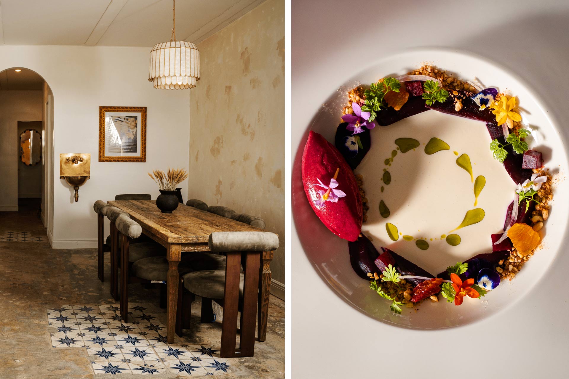 Mutra has a traditional look and feel. An artful plating of beet three ways with ajo blanco and curry leaf oil at Mutra. © Adir Avivi/Mutra