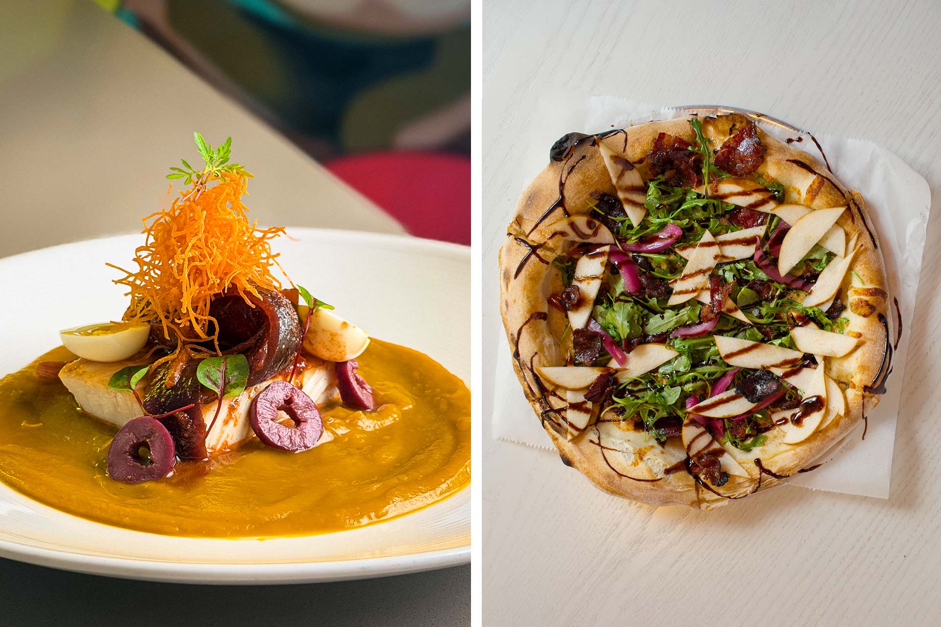 Nikkei-style cuisine at Barra Callao and specialty pizza from Canary Club with brisket bacon, gorgonzola, arugula, pear and ras el hanout. © Carlos Bermudez/Barra Callao | © Chris Millamena/Canary Club