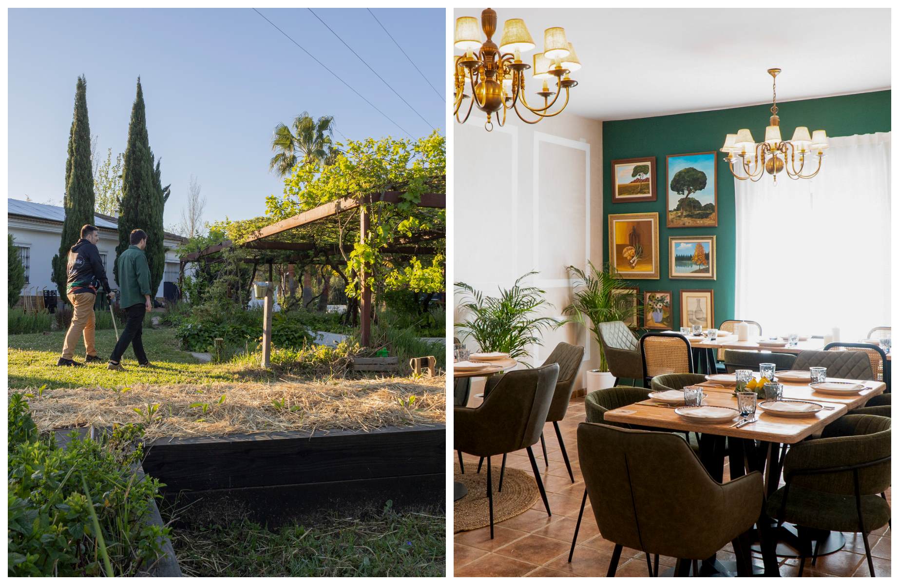 Les environs et l'intérieur de la Finca Alfoliz, le restaurant de Xanty Elías à Aljaraque qui dispose de son potager, d’un grill et d’une carte évoluant avec les saisons. © Guide MICHELIN