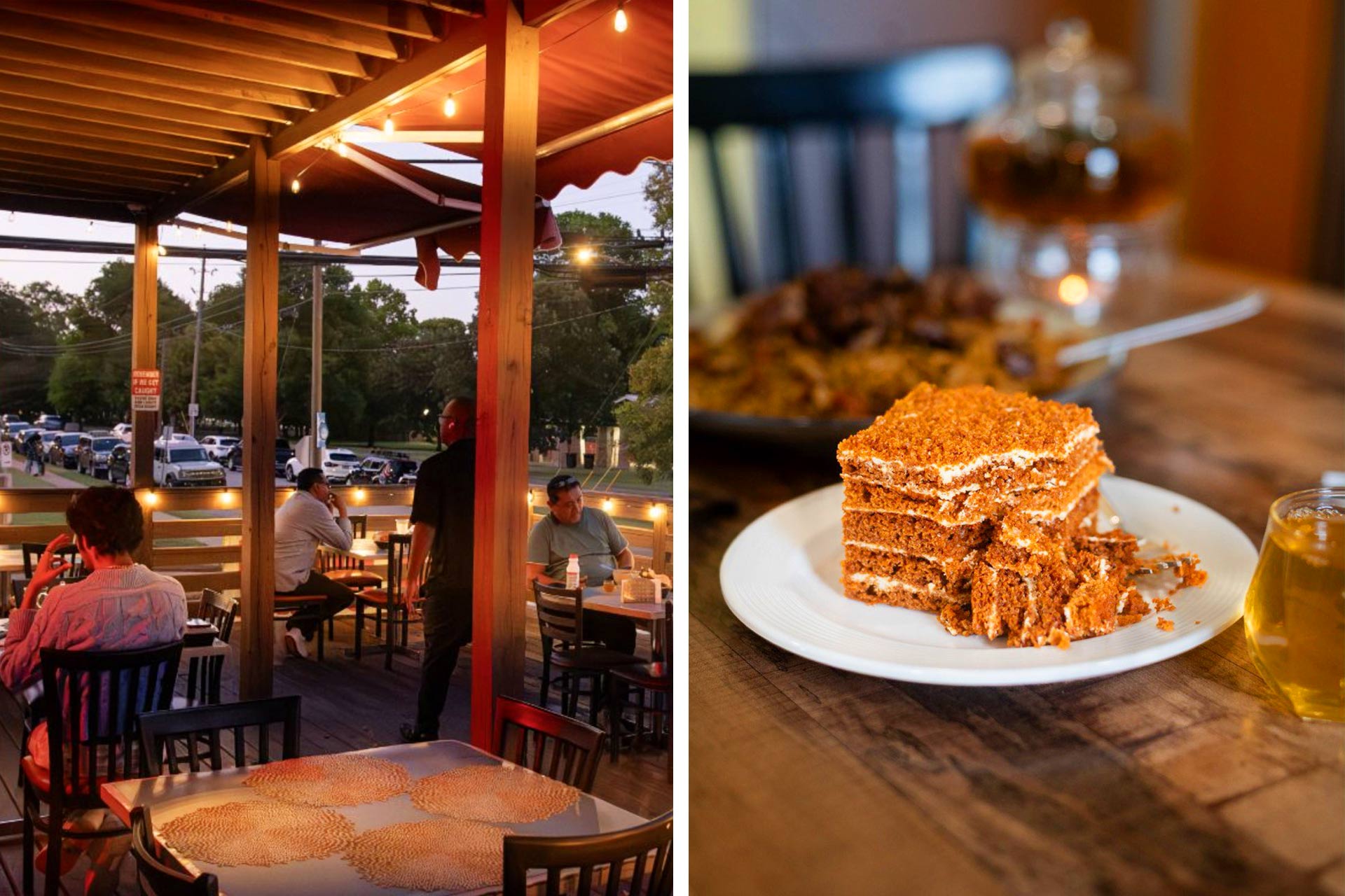 Outdoor patio of Uzbegim and slice of multilayered Russian honey cake. © yevhenii/Uzbegim