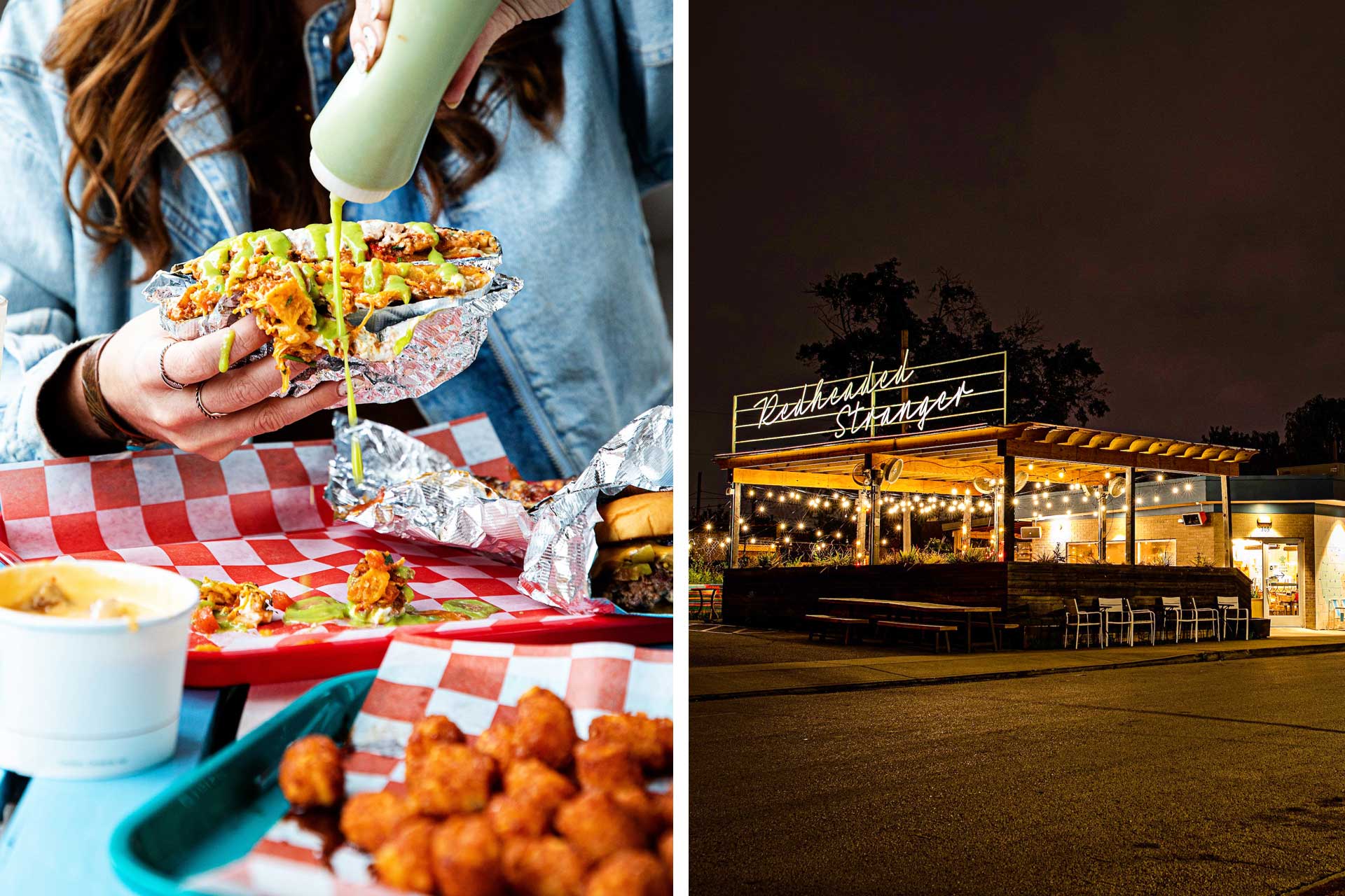 Green chile pork crunch wrap and the exterior of Redheaded Stranger. © Andrew Cebulka/Redheaded Stranger