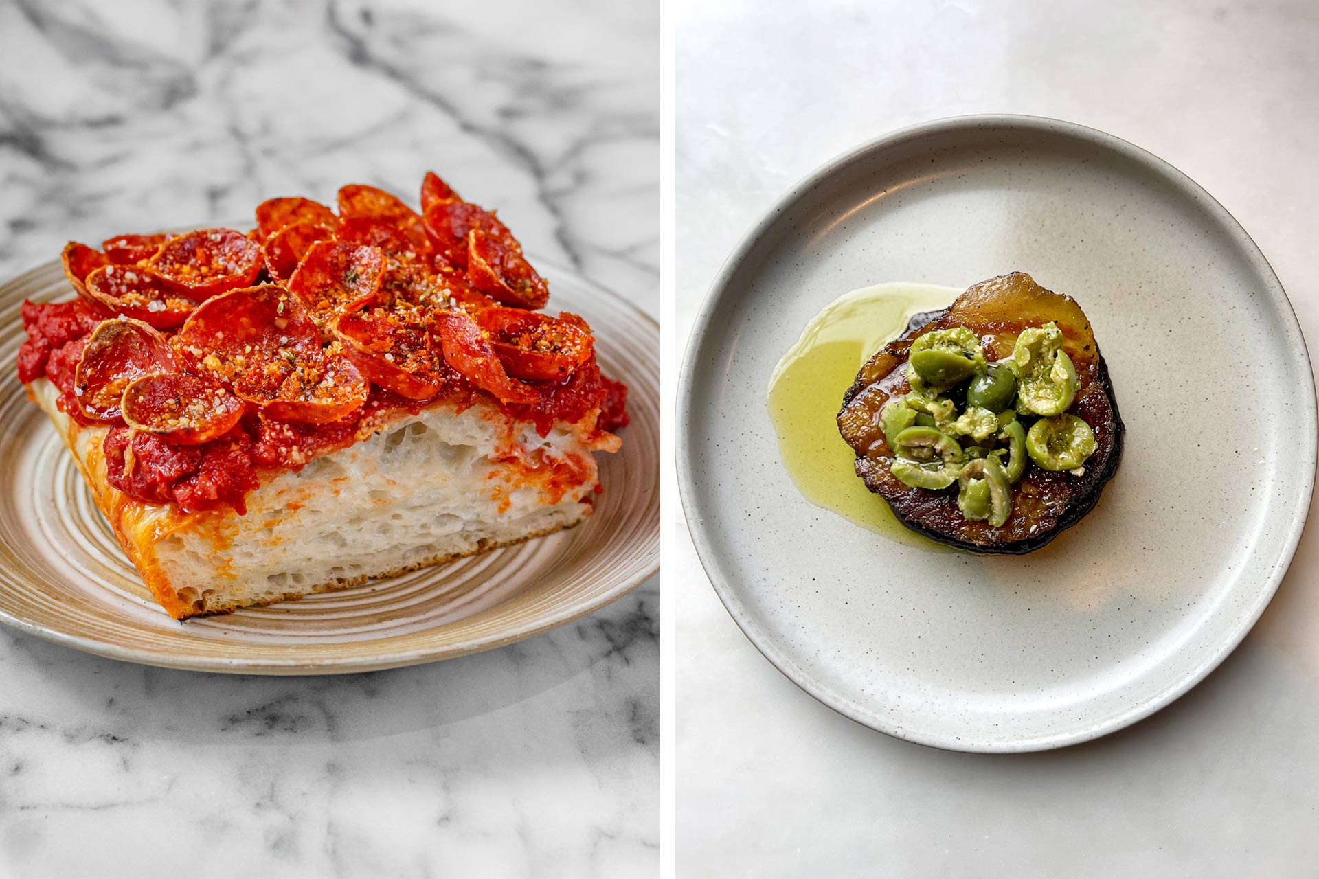 Sfincione and Pork Collar, Sunchoke, Marsala, Warm Castelvetrano Olives at St. Vito Focacceria. © Michael Hanna /St. Vito Focacceria