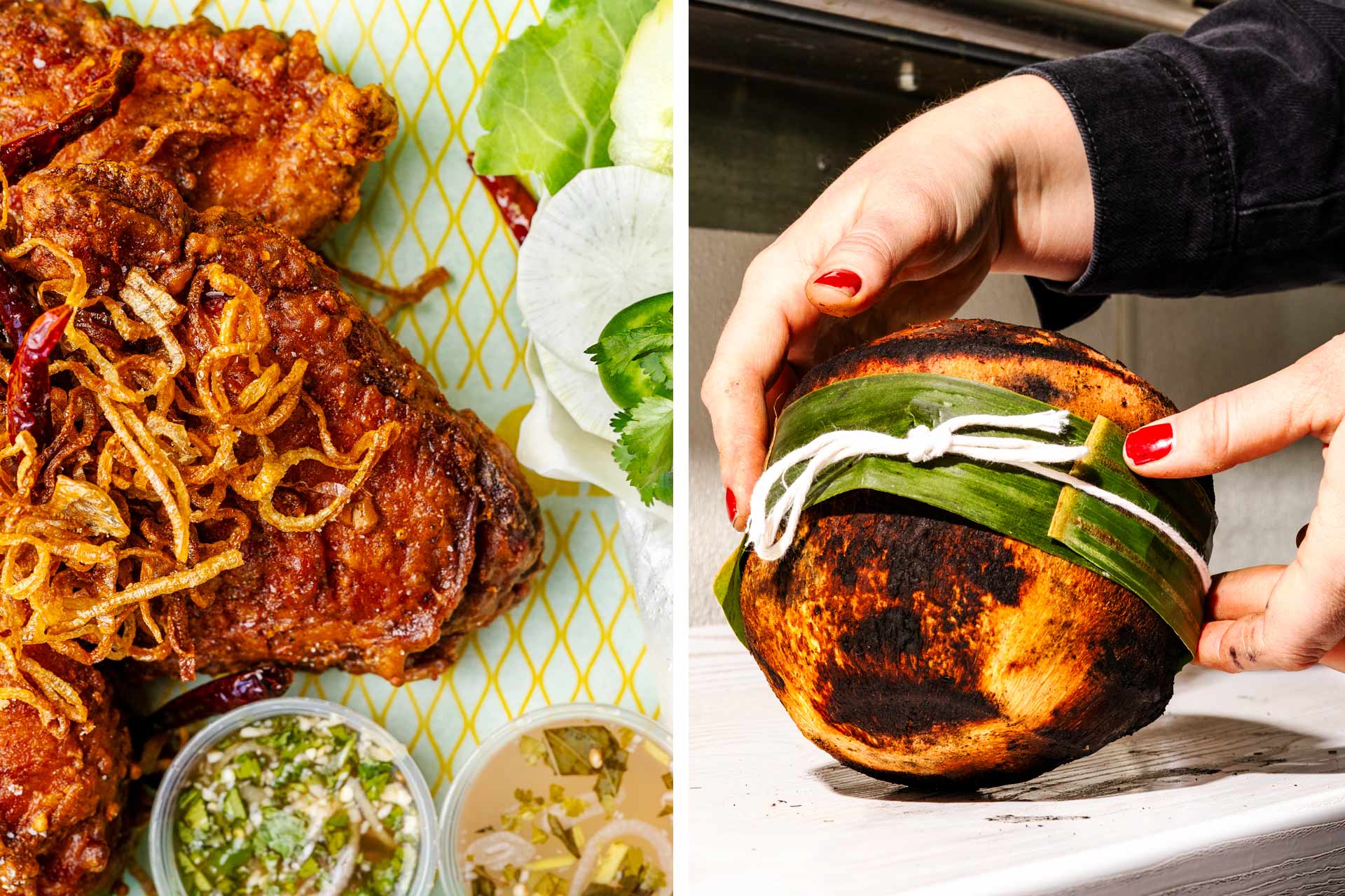 Famous Gai Tod (Southern Thai-style fried chicken) and the burnt coconut. © Victoria Quirk /SS Gai