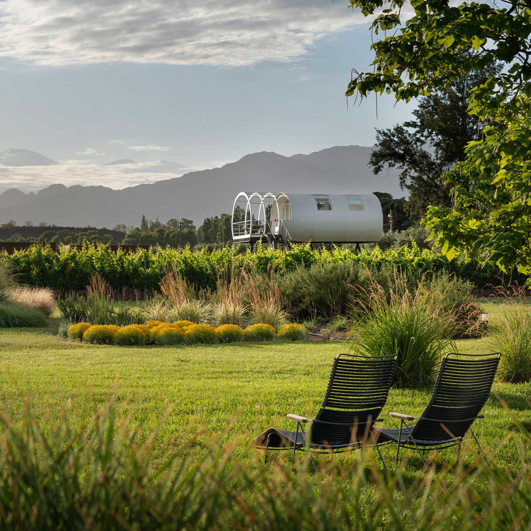 Wake up to wine in a futuristic Loft Suite pod perched above the vineyards. © Entre Cielos Wine & Wellness Hotel